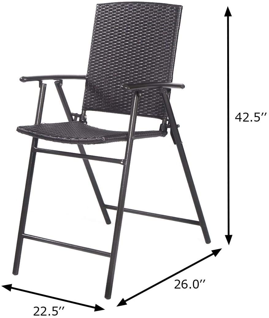 Moccha Folding 4 Pieces Wicker Rattan Chairs, Tall Bar Stool Set with Back Steel Frame Footrest Armrest, Weather-Resistant Comfortable Chairs for Outdoor Indoor Garden Patio Furniture Set, Brown