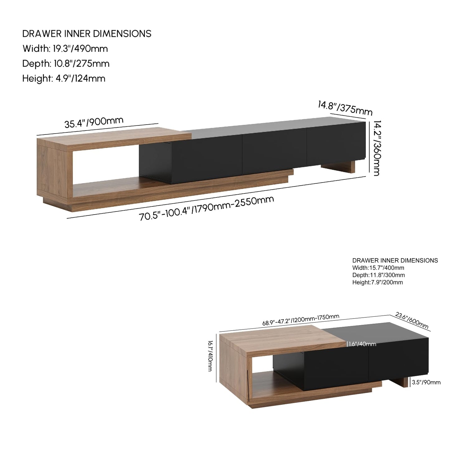 homary Modern Mid-Century Coffee Table and TV Stand Set of 2, Extendable Entertainment Center Set for Living Room (Black & Walnut)