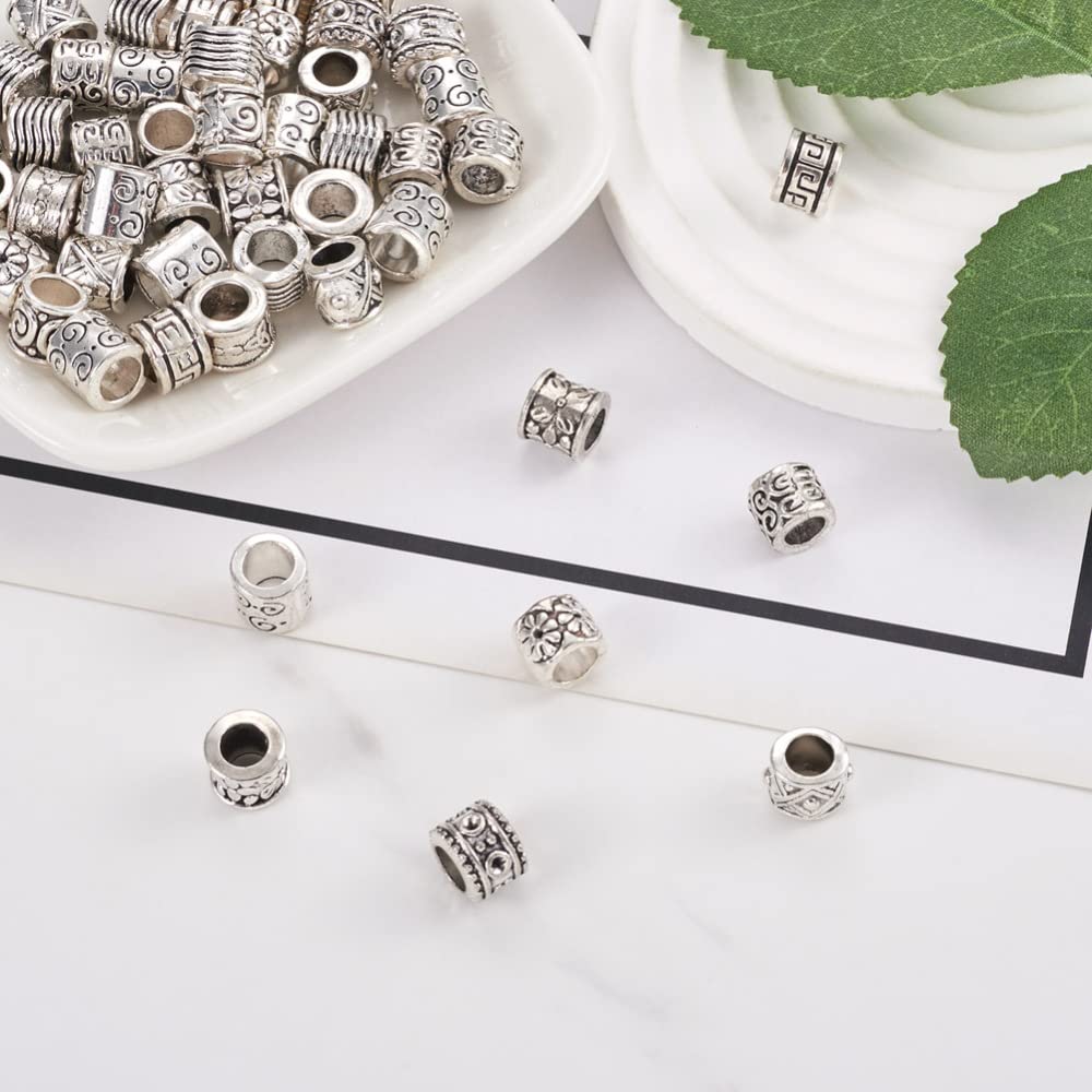 Cheriswelry 100Pcs Alloy Large Hole Spacer Beads Tibetan Column Beads Antique Silver European Beads Metal Spacers 8-10mm for Hair Crafts DIY Snake Chain Bracelet Jewelry Making Supplies