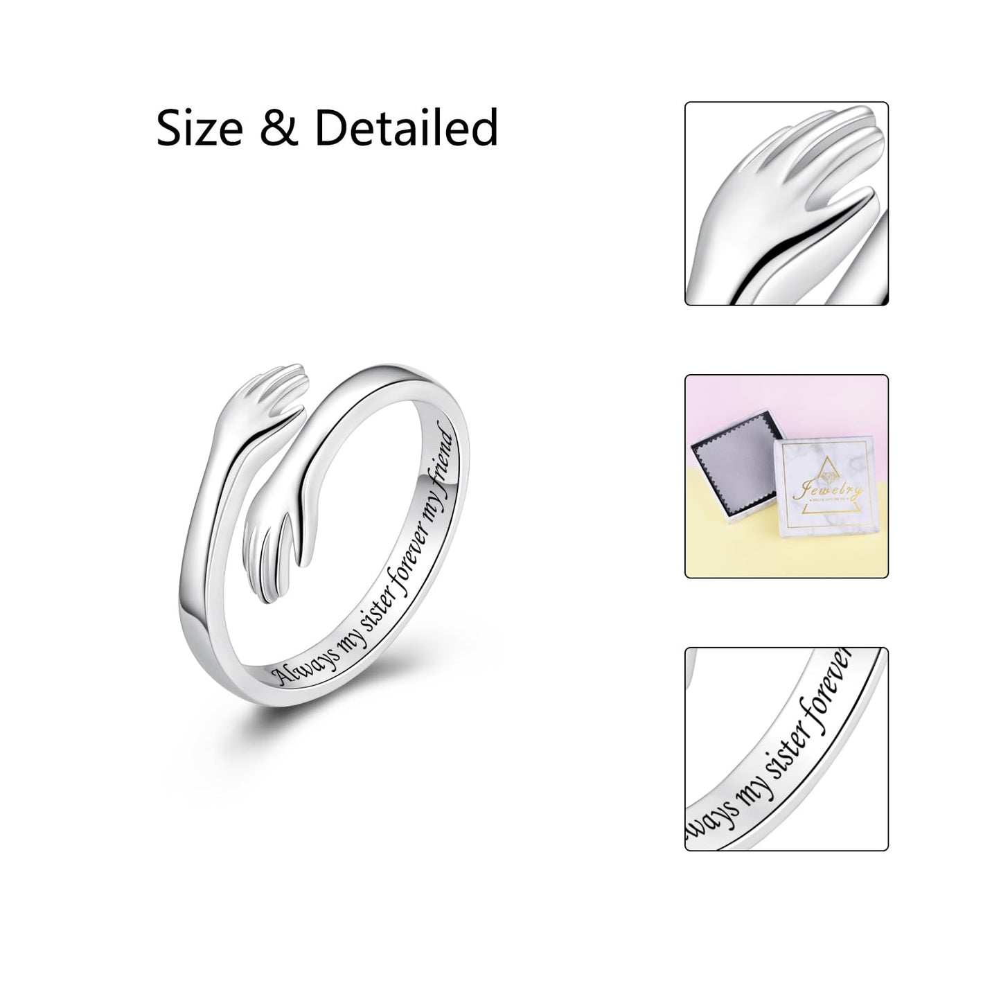 ACJFA Hug Rings for Women Sterling Silver Adjustable Ring for Women Daughter Hand Ring Jewelry for Birthday Gifts Holiday Gift(Always my sister forever my friend)
