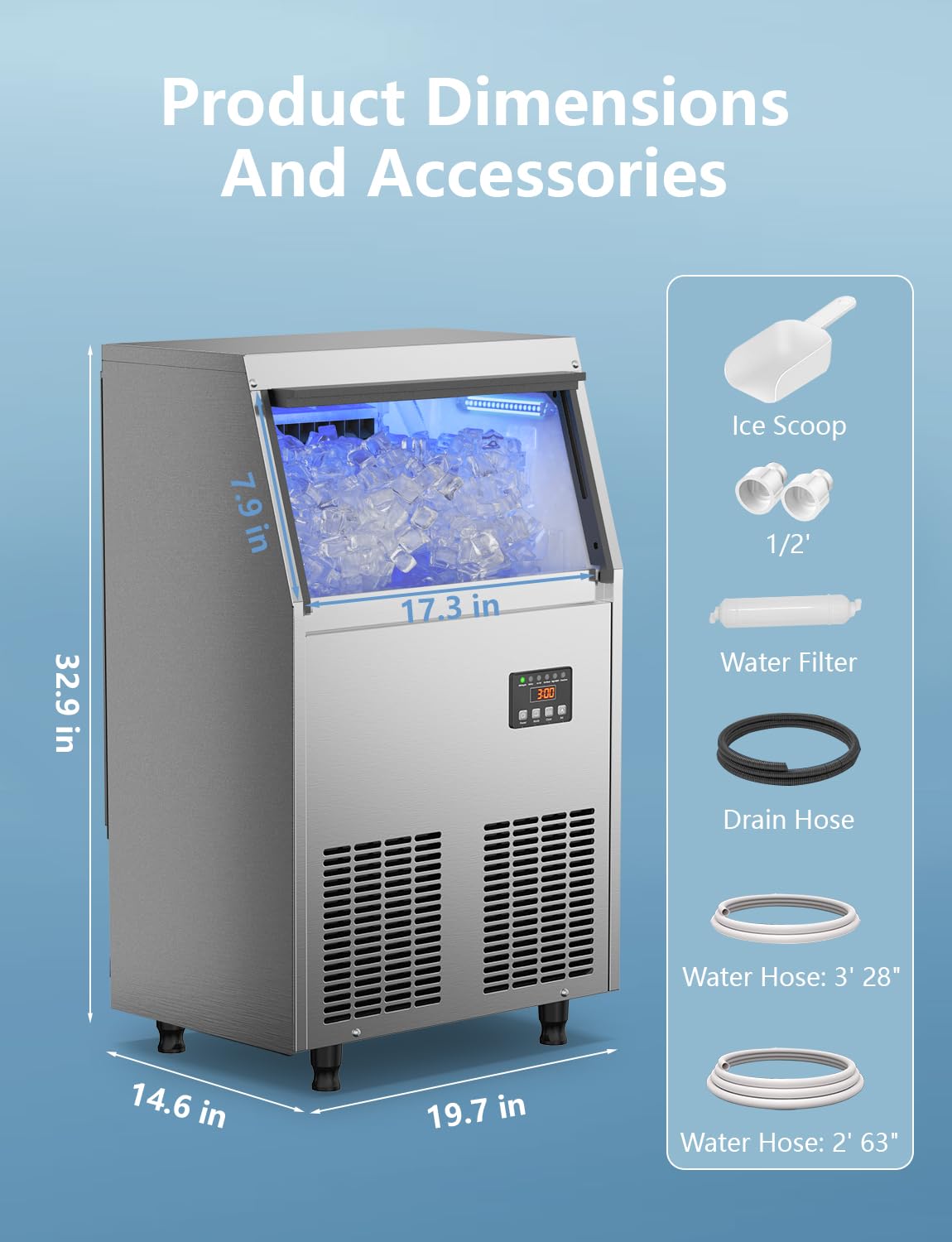 Coolski Commercial Ice Maker Machine, 150LBS/24H Under Counter Ice Maker with 35LBS Ice Storage,Stainless Steel Freestanding Ice Maker for Restaurant, Home, Bar, Office, Party, Outdoor Activities
