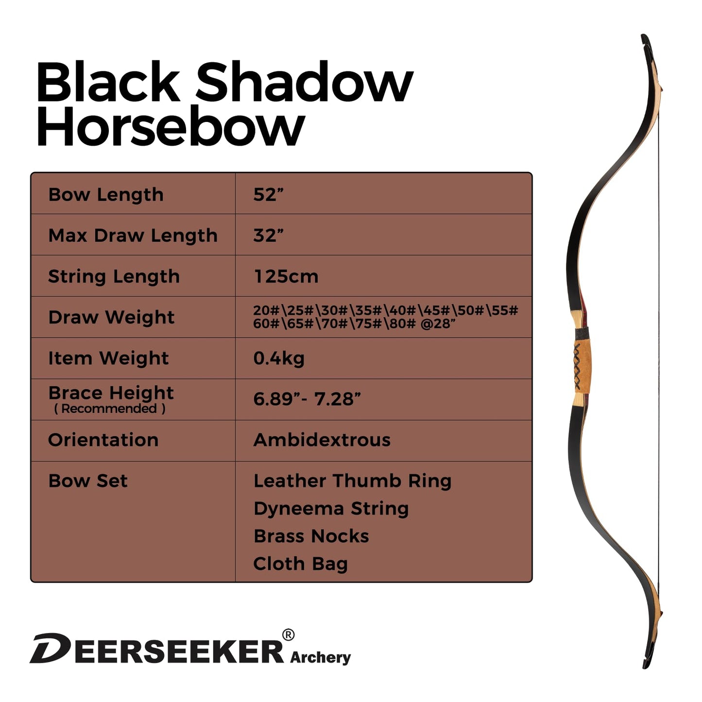 Deerseeker Archery 52" Recurve Bow Traditional Handmade Longbow Ambidextrous Horsebow Set for Adults & Youth Practice Target Shooting (Horsebow Pro 50lbs)