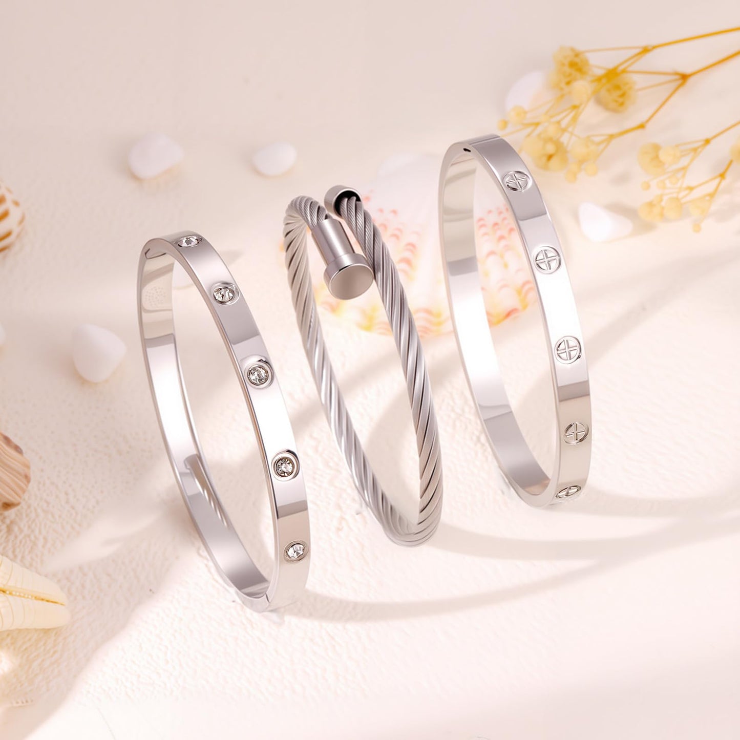 Camhanno Stackable Silver Bracelets for Women Stainless Steel Love & Friendship Bangle, Mothers Day Valentines Birthday Christmas Jewelry Gifts for Mom Her Wife Grandma (Style 8)
