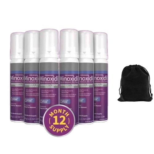 Kirkland Signature 5% Minoxidil Foam for Women, Hair Loss Regrowth Treatment, 12-Month Supply, Unscented, Easy Application, 6 Cans, Includes Storage Pouch, Clear