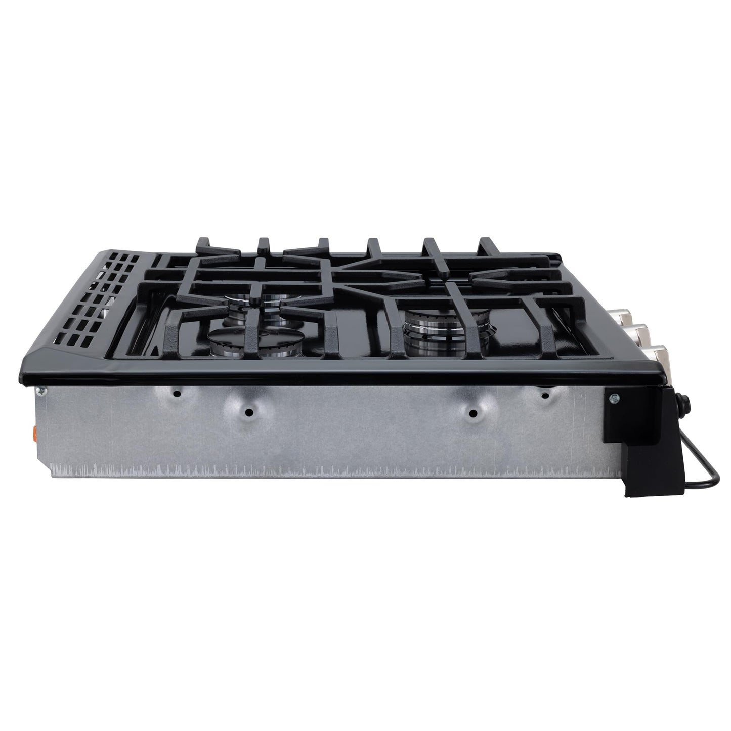 RecPro Suburban RV 3 Burner Propane Gas Cooktop | Slide-In Black Triple Burner Stove | 9000 BTU Front Burner, Dual 6500 BTU Rear Burners | Piezo Ignition | 12V DC