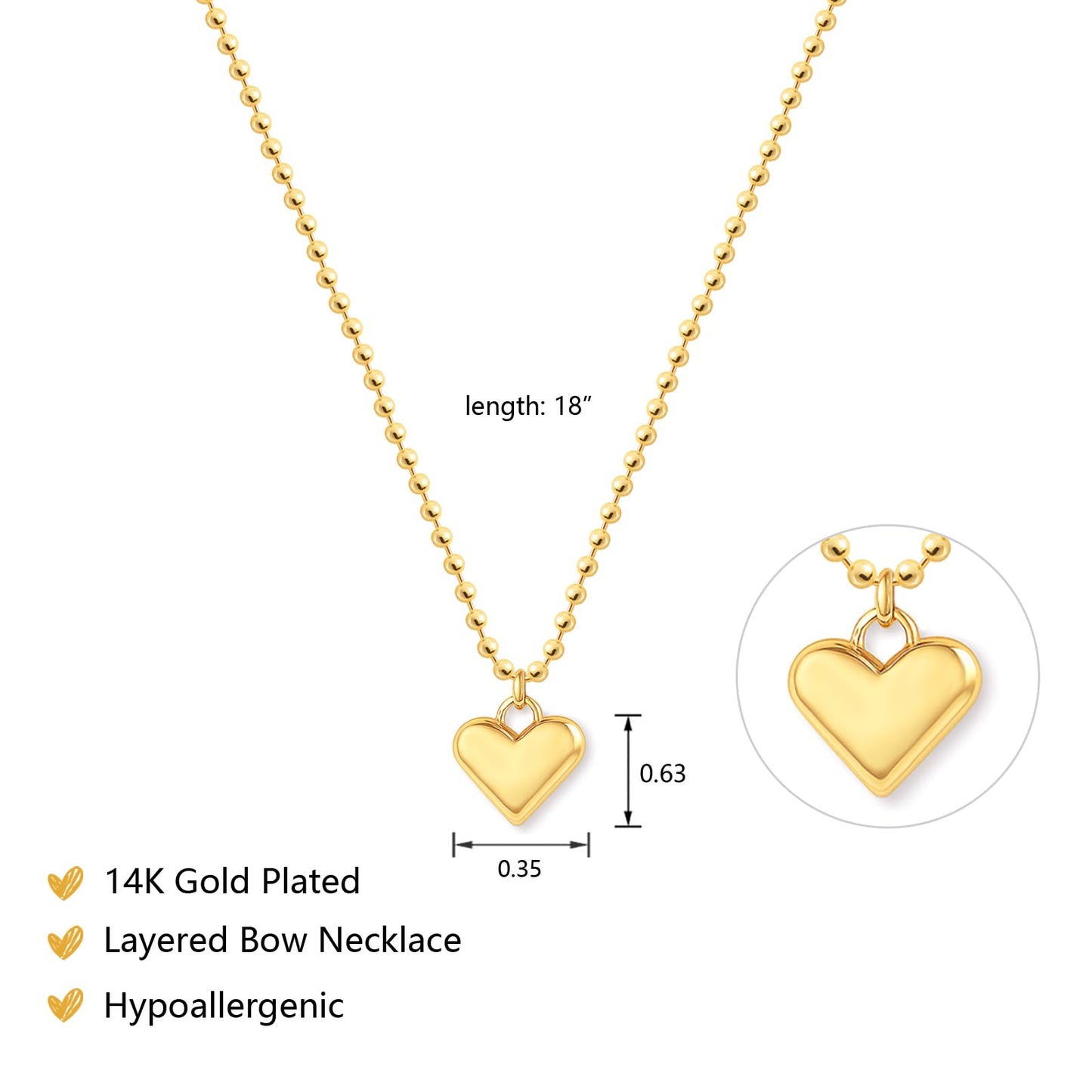 Zeffy Gold Heart Pendant Necklace Chunky Beaded Ball Chain Necklace Trendy Jewelry Dainty y2k Necklaces Gifts