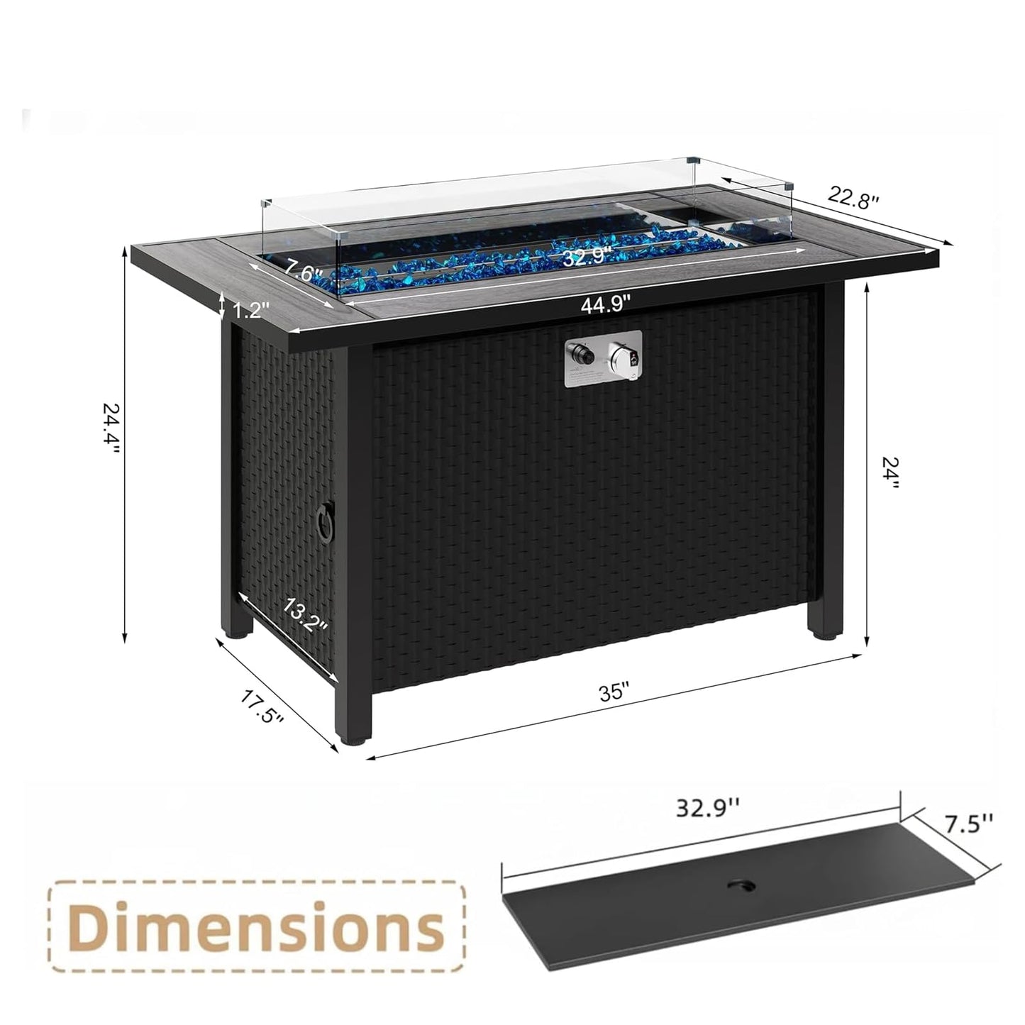 45 Inch Propane Fire Pit Table, 50,000 BTU Outdoor Gas Fire Pit for Patio & Backyard, 2-in-1 Firepit Dining Table with Glass Wind Guard, Blue Glass Rocks & Waterproof Cover, Grey