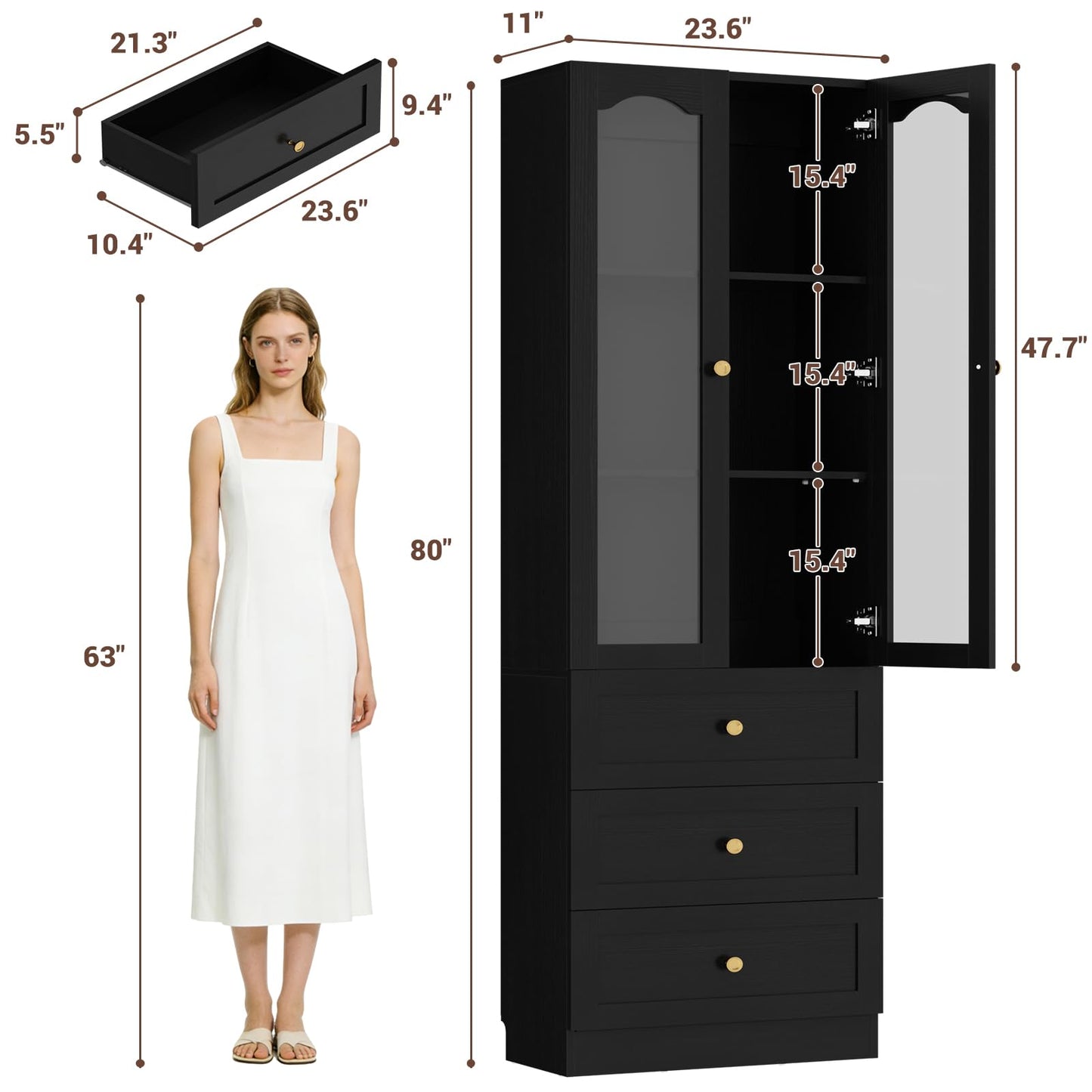 Cyclysio 80" Tall Pantry Cabinet for Kitchen Storage, 2 Set Black Pantry Cabinet with Glass Doors & 3 Drawers - Freestanding Storage Bookcase with Built-in Baseboard Notch for Dining, Living Room
