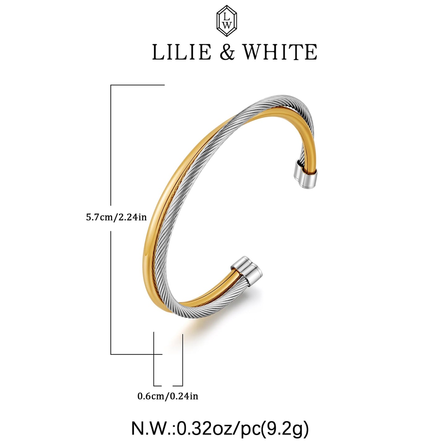 LILIE&WHITE Gold and Silver Bracelet for Women Vintage Cuff Wrist Cable Bracelets for Women Classic Mixed Metal Bracelet Adjustable Jewelry Gift