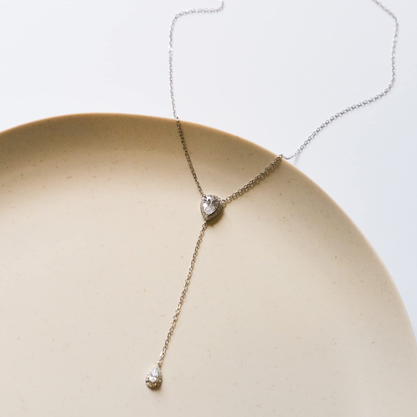 CZ Pear Drop Lariat Necklace 16" with 2.75" Y Drop Adjustable, White Gold Finish