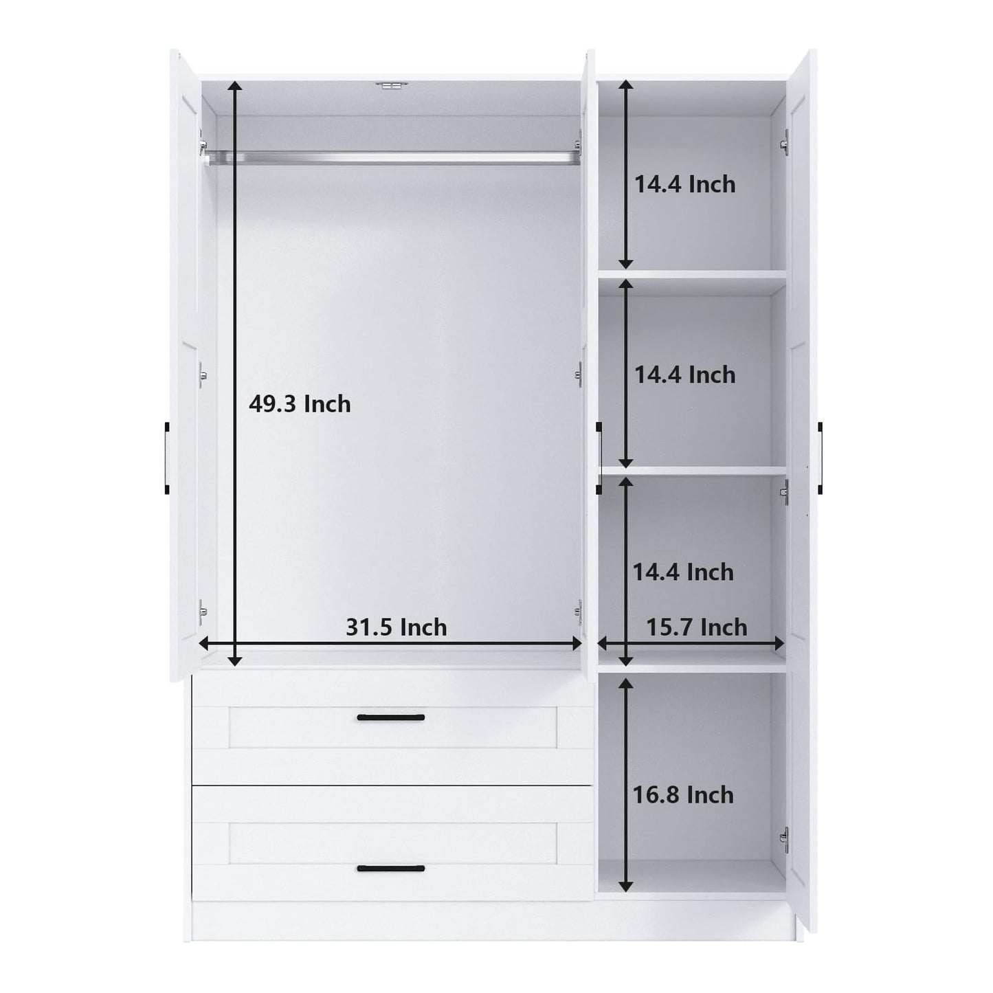 3 Doors Wooden Wardrobe Closet Armoire, White Storage Cabinet for Hanging Clothes, Bedroom Large Capacity Freestanding Armoire,Wood Wardrobe Combination with Shelves (2drawer, White)