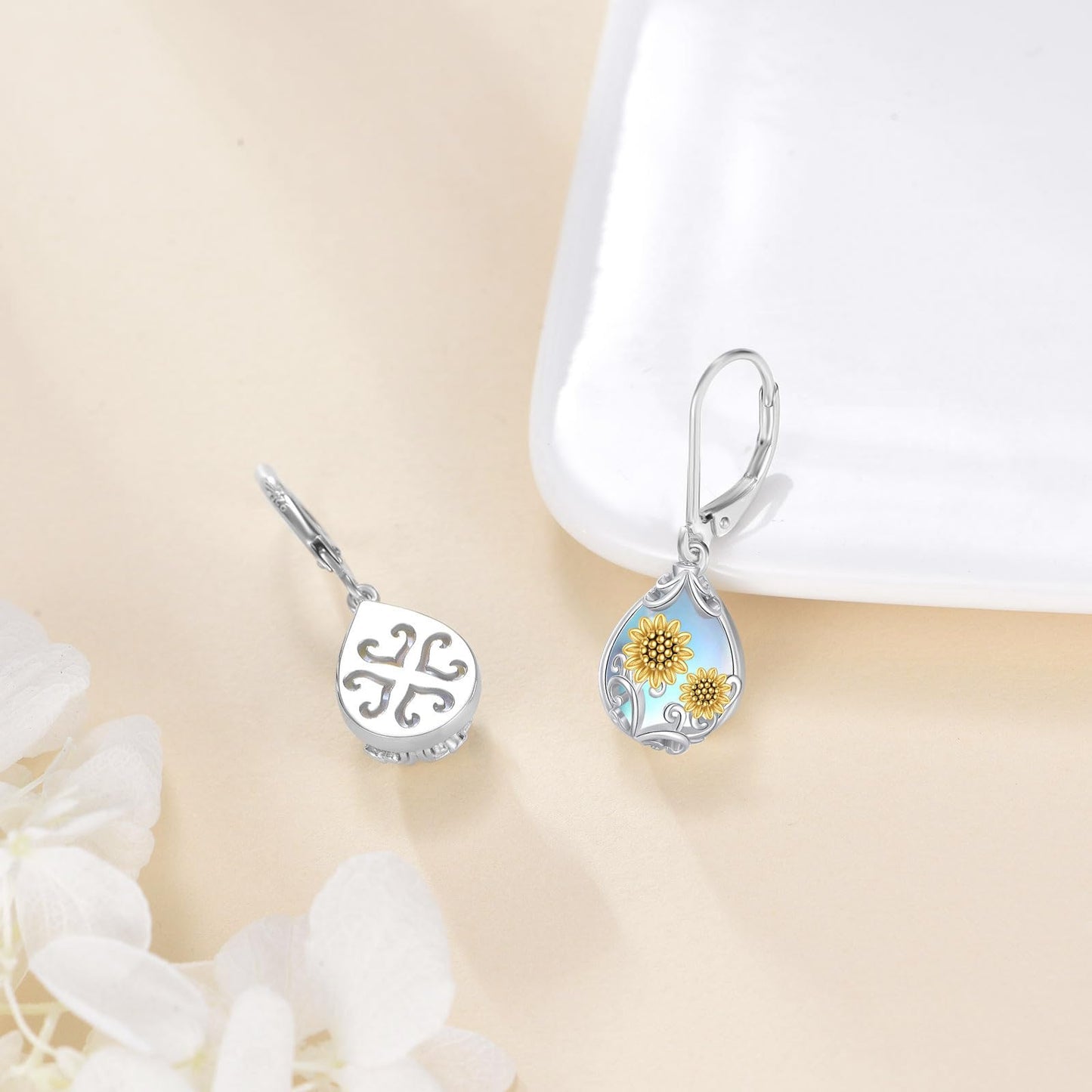 POPLYKE Moonstone Sunflower Teardrop Drop Dangle Earrings Sterling Silver Sunflower Leverback Earrings Moonstone Jewelry Gifts for Women