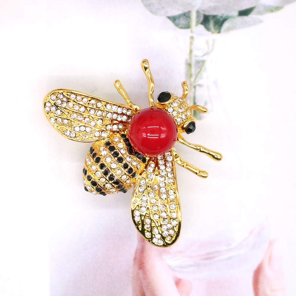 Honey Bee Brooches Crystal Insect Themed Bee Brooch Animal Fashion Shell Pearl Brooch Pin 14K Gold Plated (Red pearl)