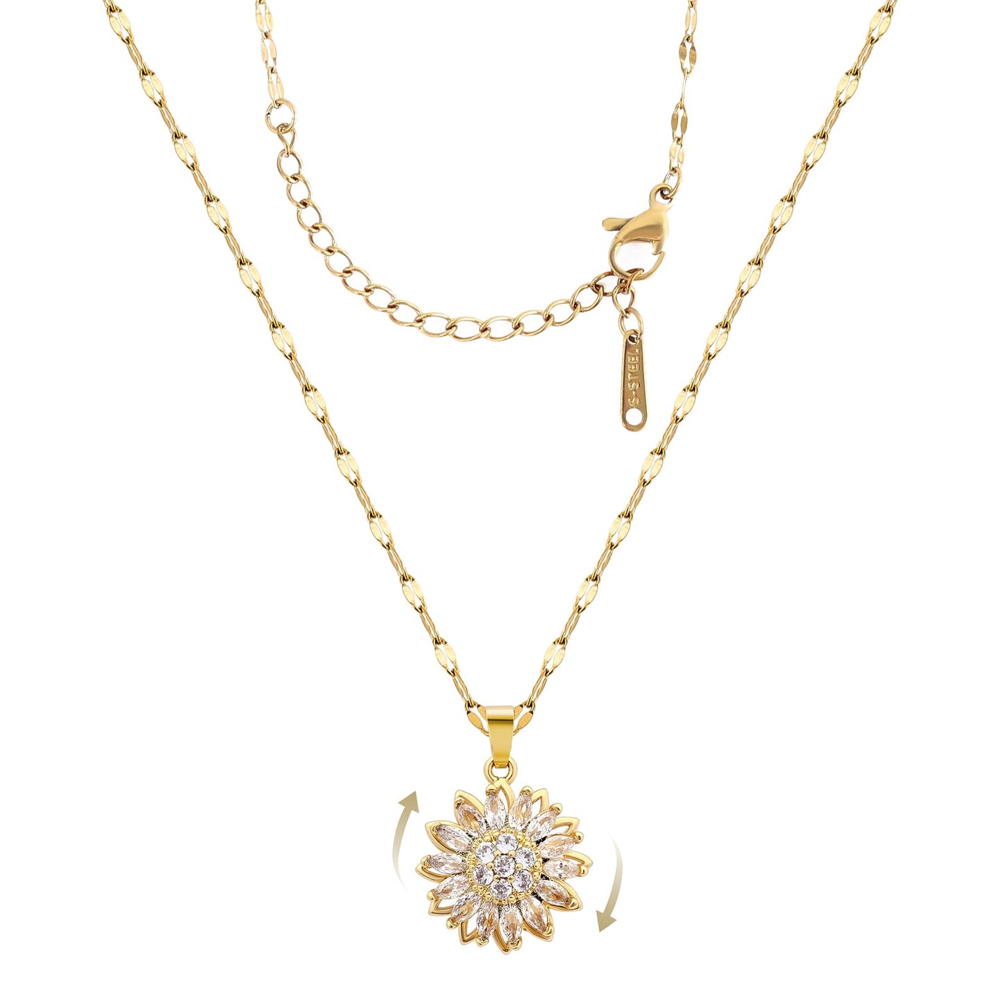 KONPJE Sunflower Fidget Necklace for Women Gold Moon Necklace Rotating Heart Necklaces Spinning Crystal Sunflower Anxiety Necklaces Crescent Moons Jewelry Accessories (Pink)