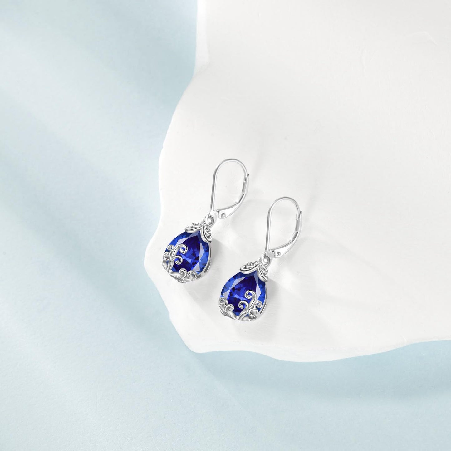 POPLYKE BirthStone Filigree Teardrop Drop Earrings Sterling Silver Sapphire Leverback Earrings September Birthstone Dangle Jewelry Gifts for Women