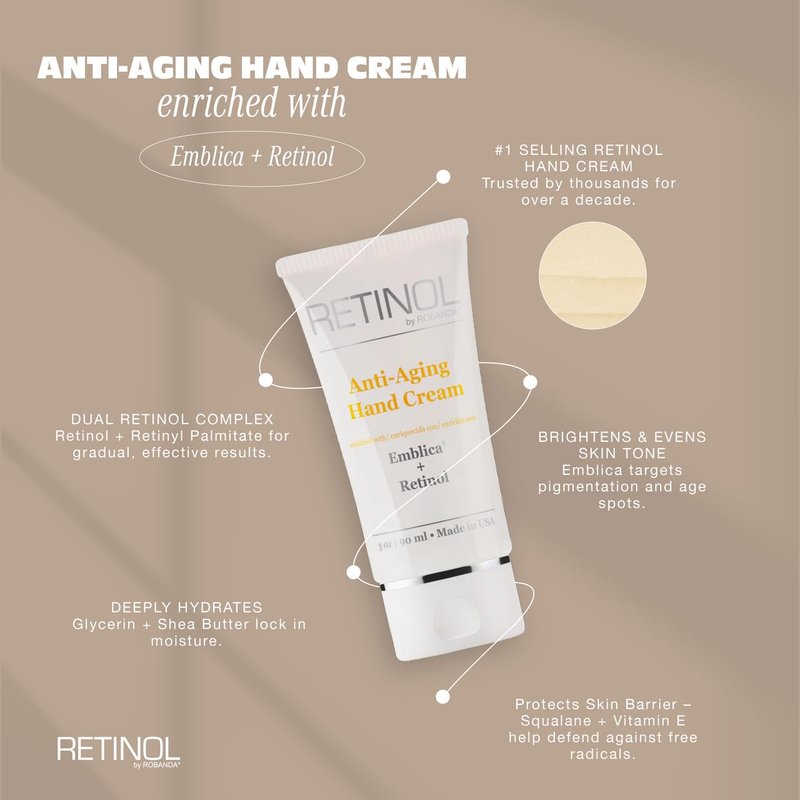 Robanda Retinol Anti-Aging Hand Cream - Hydrating & Moisturizing Hand Lotion with Anti-Aging Formula to Help Prevent Wrinkles & Reduce Fine Lines, 3 oz