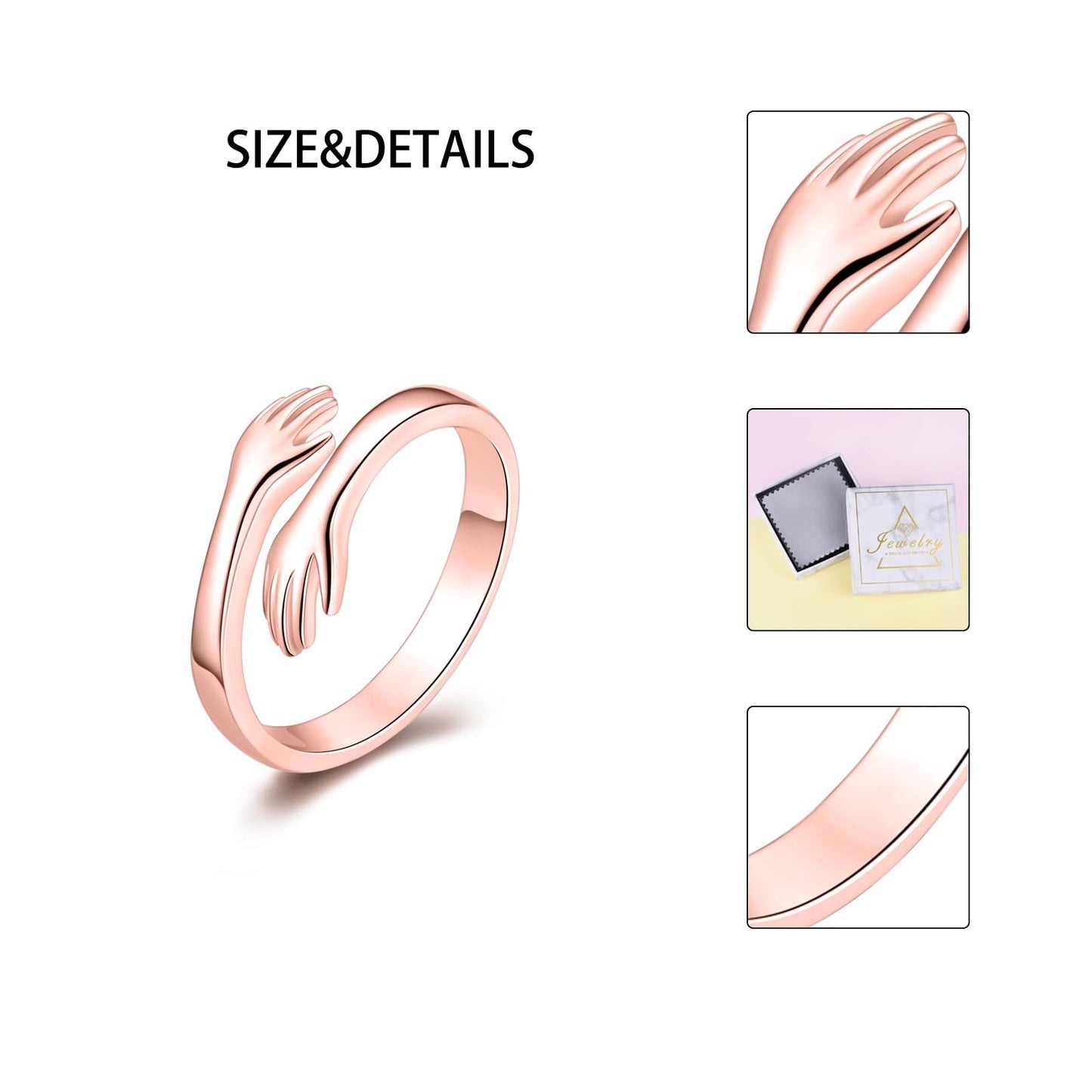ACJFA 925 Sterling Silver Adjustable Hug Rings for Women Men Wedding Band Rings Wrap Around Rings Hand Ring Jewelry for Women (Rose gold-No engraved)