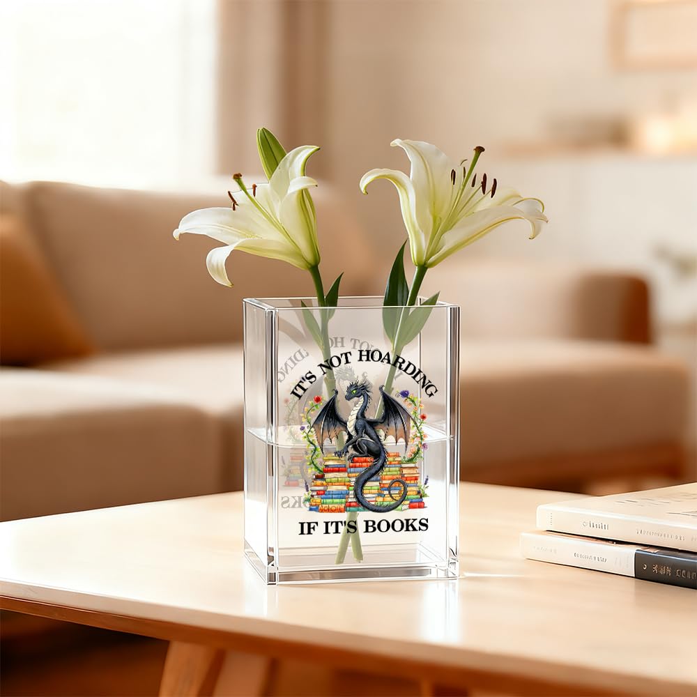Gkodw It's Not Hoarding If It's Books Acrylic Pen Holder Cosmetic Organizer, Retro Dragon Book Pen Pencil Holders for Desk, Bookmark Holder for Bookshelf, Bookish Gifts for Librarian Reader Teacher