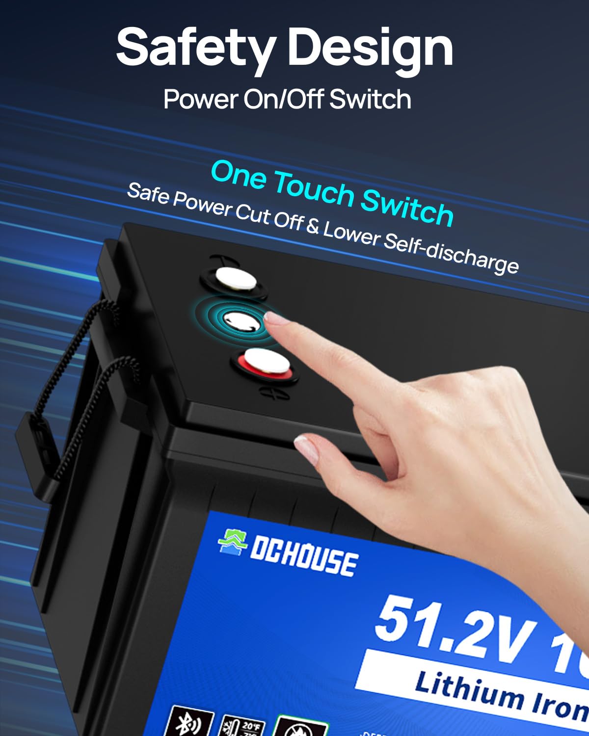 DC HOUSE 48V 100Ah Lithium Golf Cart Battery w/Switch, Lifepo4 Battery with 48V 18A Lithium Batteries Charger, Smart 200A BMS, LCD Monitor & Mobile APP, Peak Current 700A (ABS Case)
