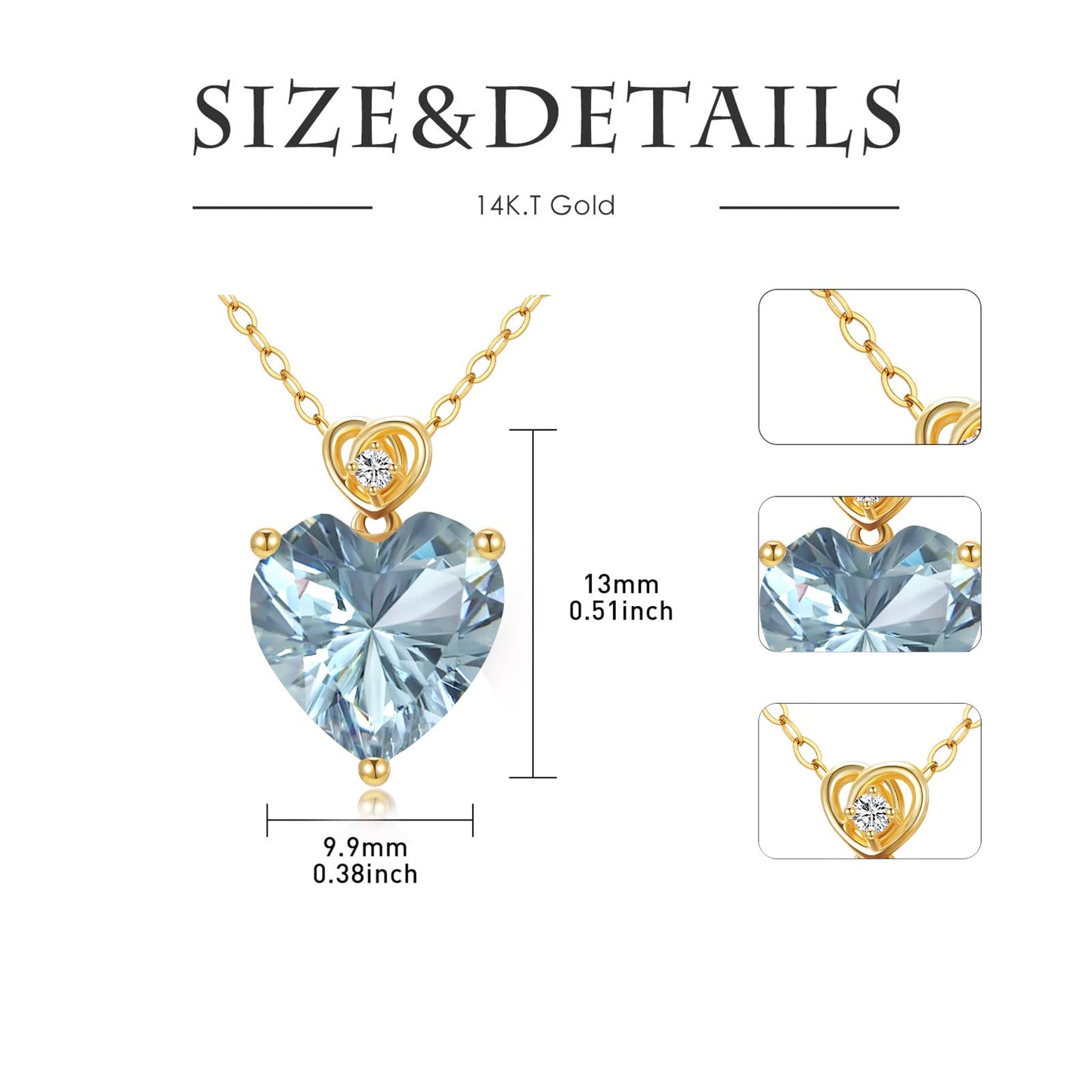 NFYBD 14k Gold Love Heart Aquamarine Birthstone Pendant Necklace for Women 3 Carat Heart-cut Created Gemstone Anniversary Birthday Mother's Day Necklaces for Her 16+1+1 inch-Mar