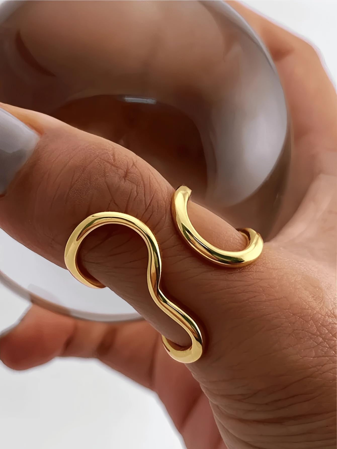 AIETUE Chunky Rings For Women, Gold Silver Thumb Ring Asymmetrical Wavy Curve Ring Adjustable Non Tarnish Dainty Stainless Steel New Year Anniversary Birthday Jewelry Gift (Gold+Silver)