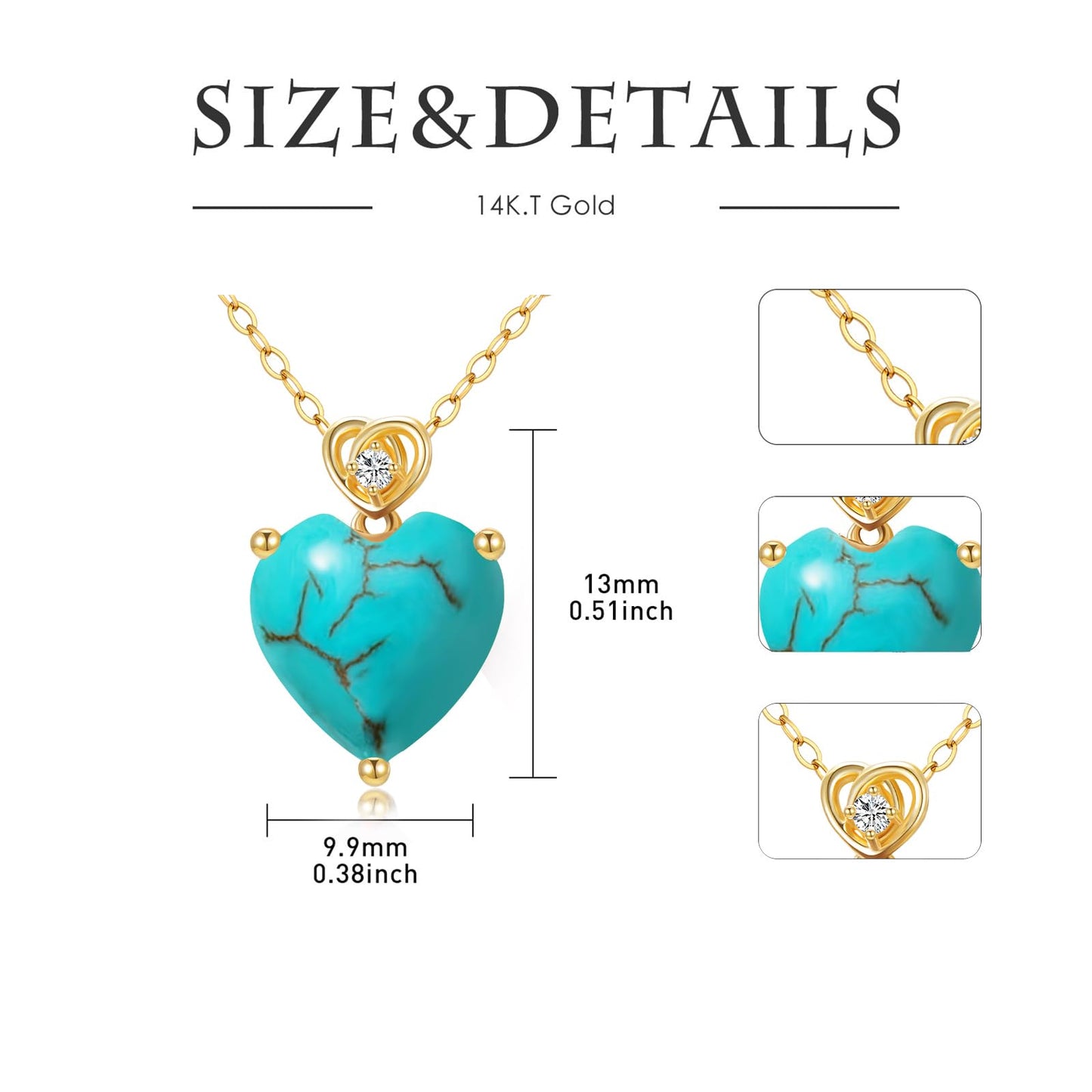 NFYBD 14k Gold Love Heart Turquoise Birthstone Pendant Necklace for Women 3 Carat Heart-cut Created Gemstone Anniversary Birthday Mother's Day Necklaces for Her 16+1+1 inch