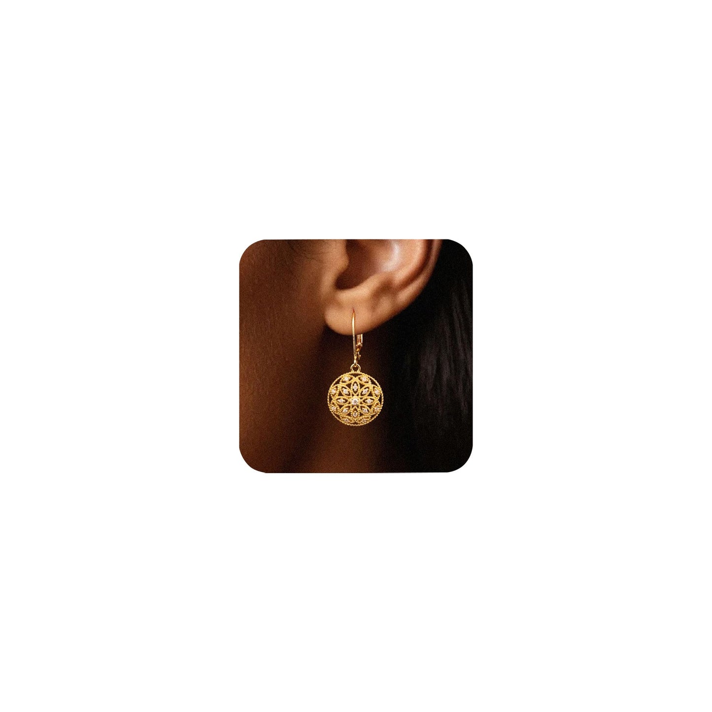 LANCHARMED Gold Earrings for Women - Diamond Cubic Zirconia Circle Drop Dangle Earrings 14K Gold Dangle Earring Hypoallergenic Leverback Circle Filigree Diamond Earings for Women Jewelry Gifts
