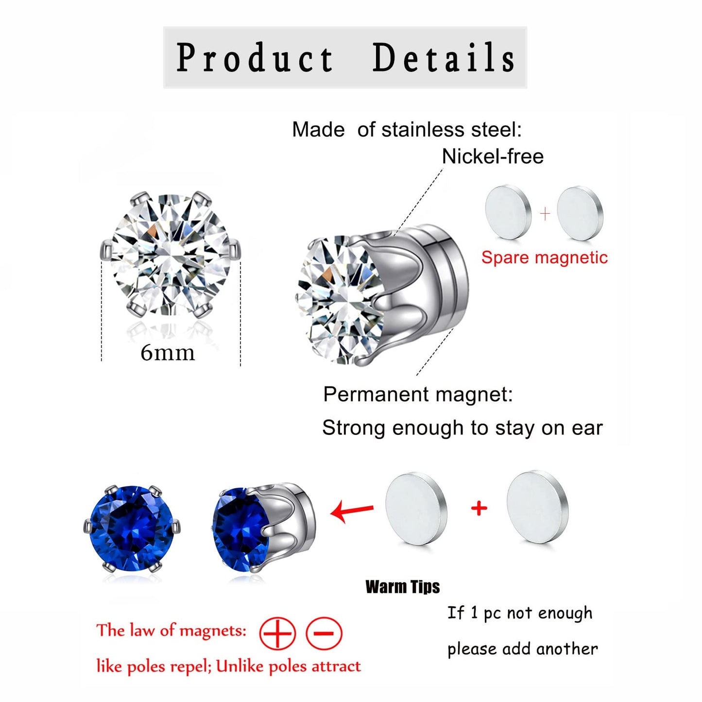 Spiritlele 12 Pairs Purple Pink Cubic Zirconia Magnetic Earrings Clip on Non Piercing Earrings Set for Women 6MM
