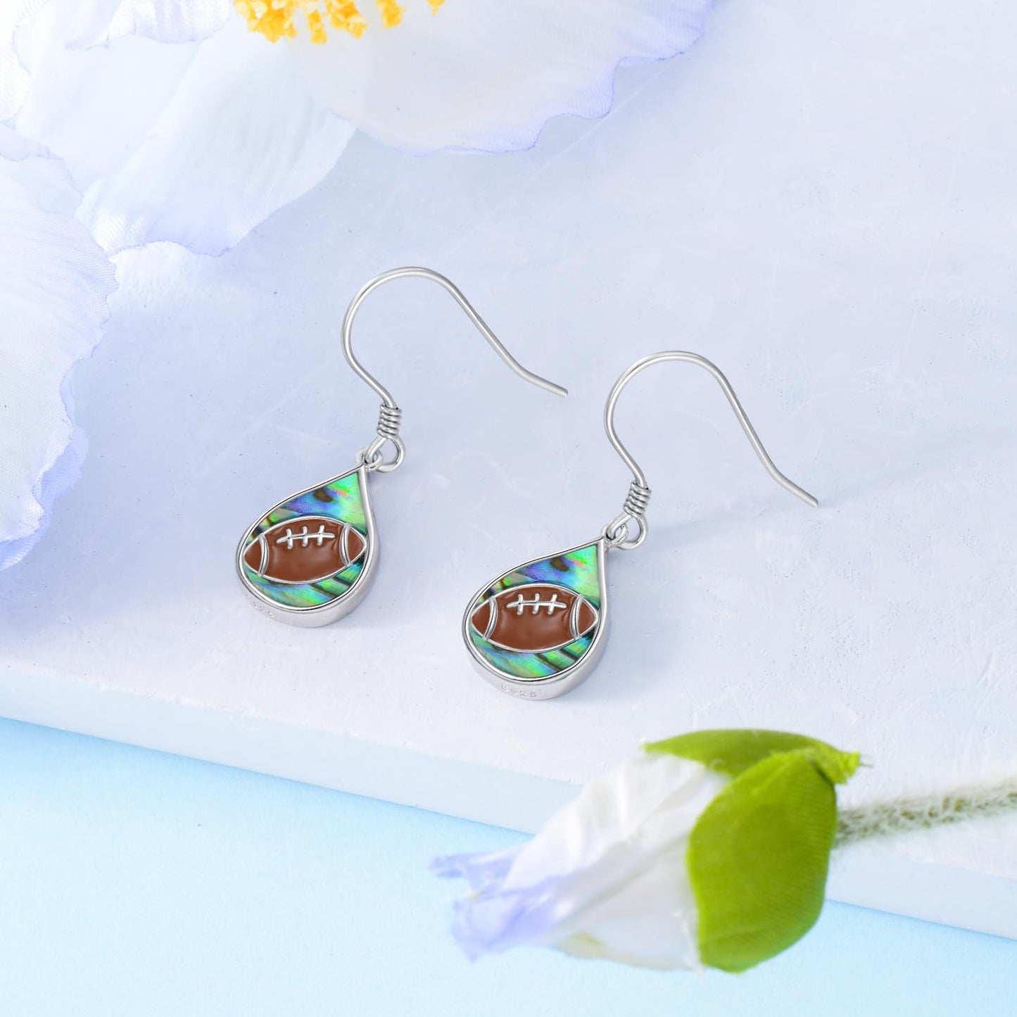 PROESS Abalone Shell Teardrop Football Earrings S925 Sterling Silver Rugby Dangle Earrings for Women Player Fans Sport Athletes Jewelry Gifts