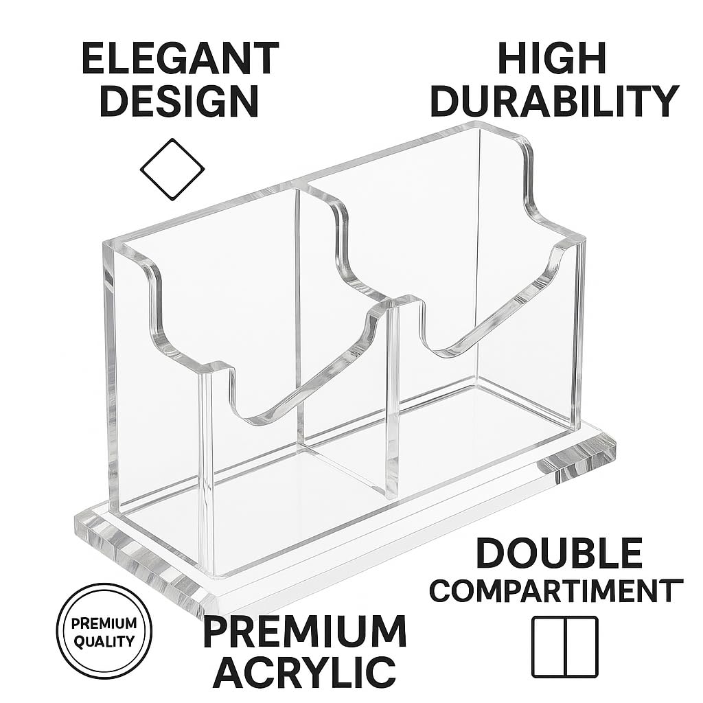Acrylic Business Card Holder for Desk - 2 Slot Vertical Clear Business Card Display Stand, Fits Standard 2 x 3.5 Inch Cards, Office Desk Organizer for Home & Professional Use