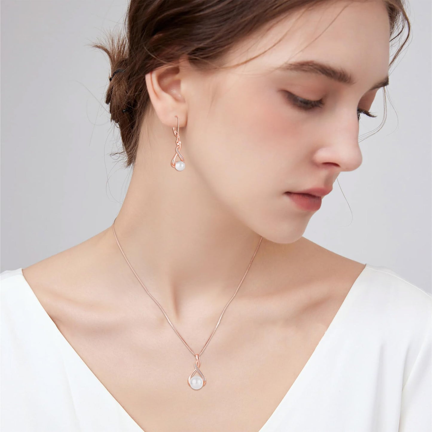 Inpasne 18K Rose Gold Plated Freshwater Pearl Necklace and Earrings Set for Women 925 Sterling Silver Pearl Jewelry for Bride Bridesmaid