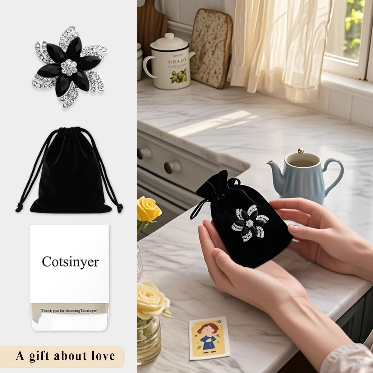 Cotsinyer Vintage Style Rhinestone Flower Brooch Pin Crystal Lapel Pins Wedding Party Birthday Dance Banquet Dress Suit Ceremony Clothes Hat Bag Accessories Jewelry Gift for Women