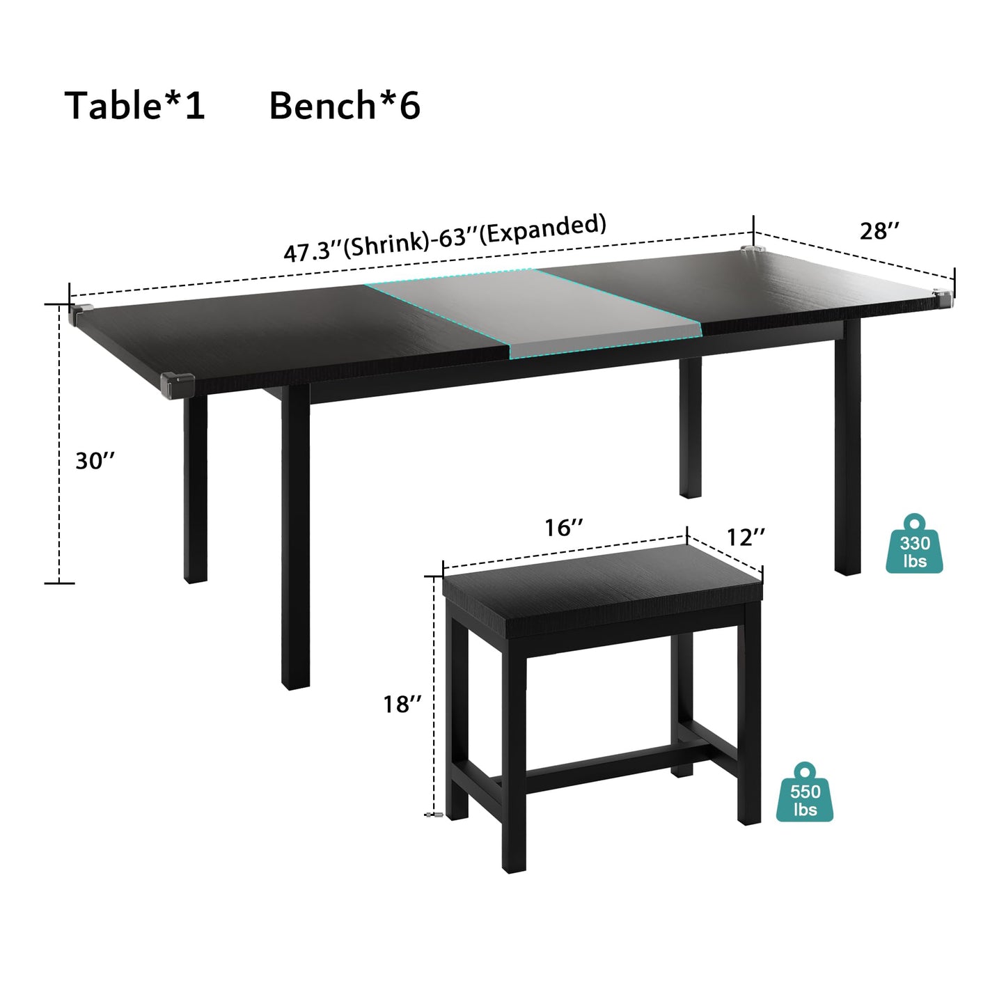 iPormis 7-Piece Extendable Dining Table Set with 6 Stools, 63" Kitchen Table Set for 4-8, Modern Dining Room Table with Sturdy Metal Frame, Space-Saving Dinette, Black