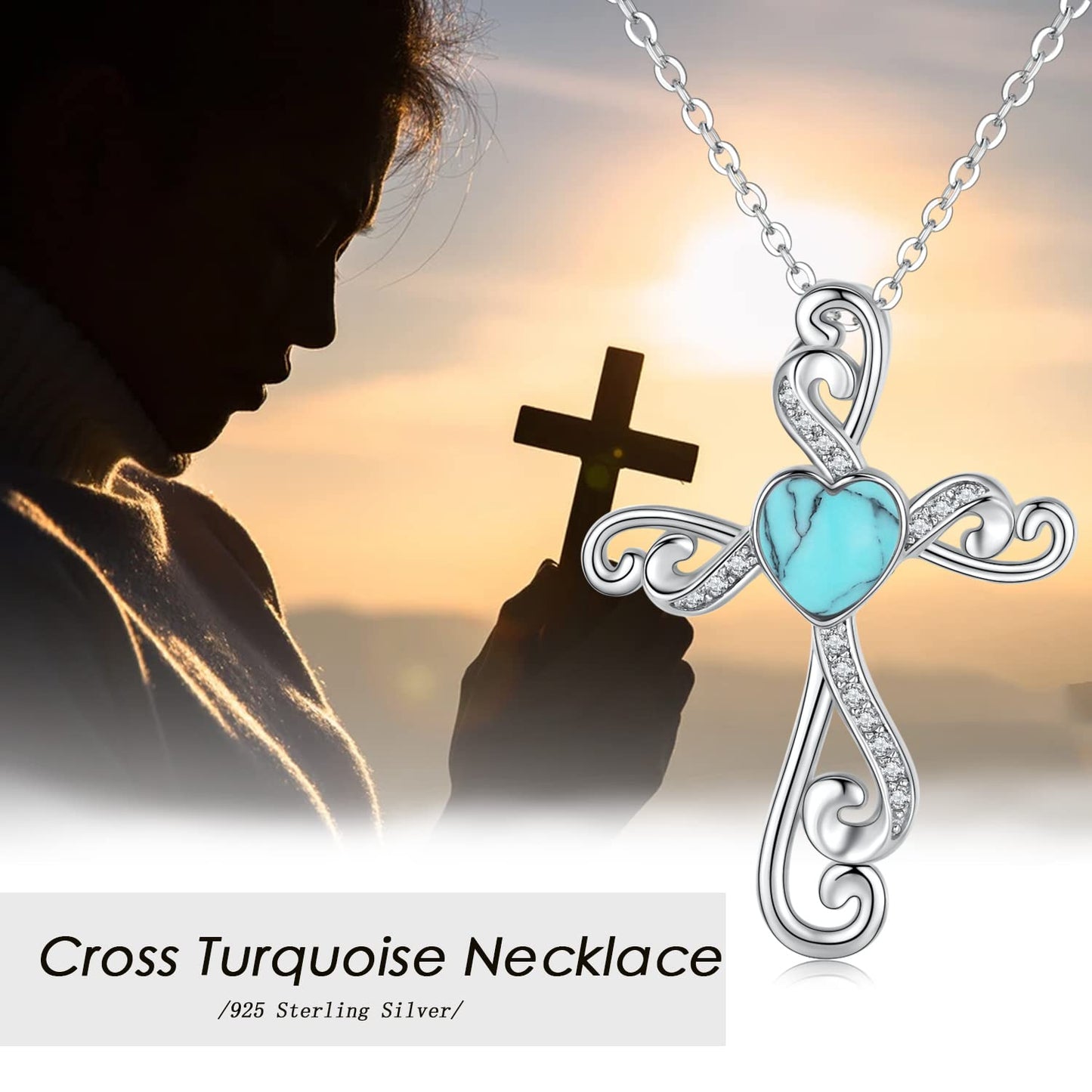 Twoowl Cross Necklace for Women 925 Sterling Silver Turquoise Pendant Cross Necklace Religious Necklace Jewelry Gifts for Women