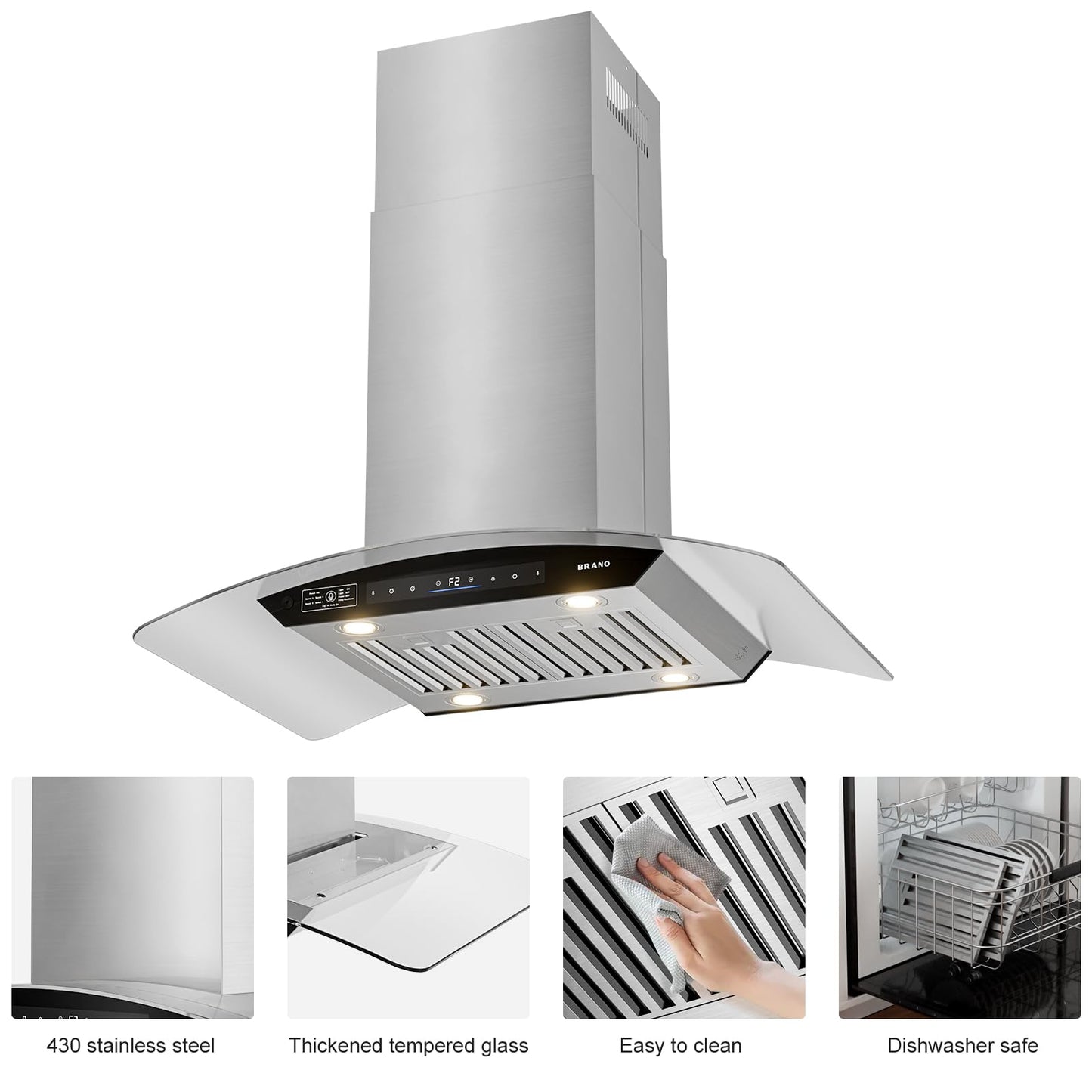 BRANO 36 Inch Island Range Hood, 900 CFM Voice/Gesture/Touch Control Ceiling Vent Hood with 4 Speed Exhaust Fan, 4 LED Lights, Memory Mode, Ducted/Ductless Convertible with 2 Charcoal Filter