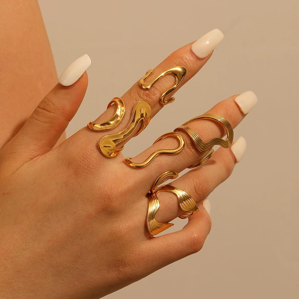 AIETUE Chunky Rings For Women, Gold Silver Thumb Ring Asymmetrical Wavy Curve Ring Adjustable Non Tarnish Dainty Stainless Steel New Year Anniversary Birthday Jewelry Gift (Trendy Gold #4)