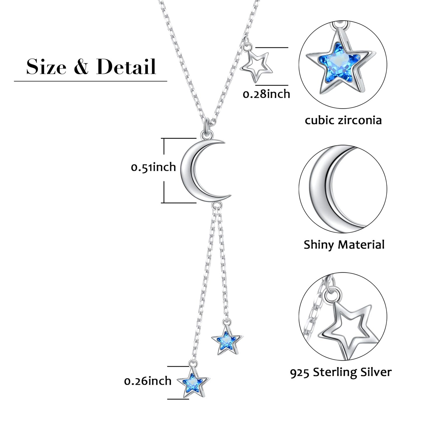 Ladytree 925 Sterling Silver Crescent Moon and Stars Celestial Jewelry Blue Star Synthetic Spinel Pendant Necklace Rolo Chain 18 inches to 20 inches