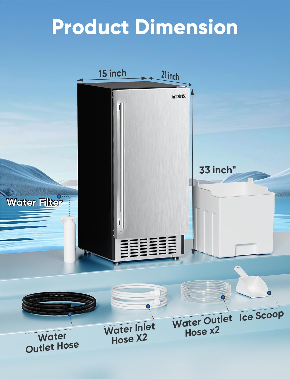 Coolski 15" W Commercial Under Counter Ice Maker Machine, 80 Lbs/Day, Bulit-in Freestanding Ice Machine, Self-Cleaning, Stainless Steel Ice Maker for Home Apartment & Commercial Use