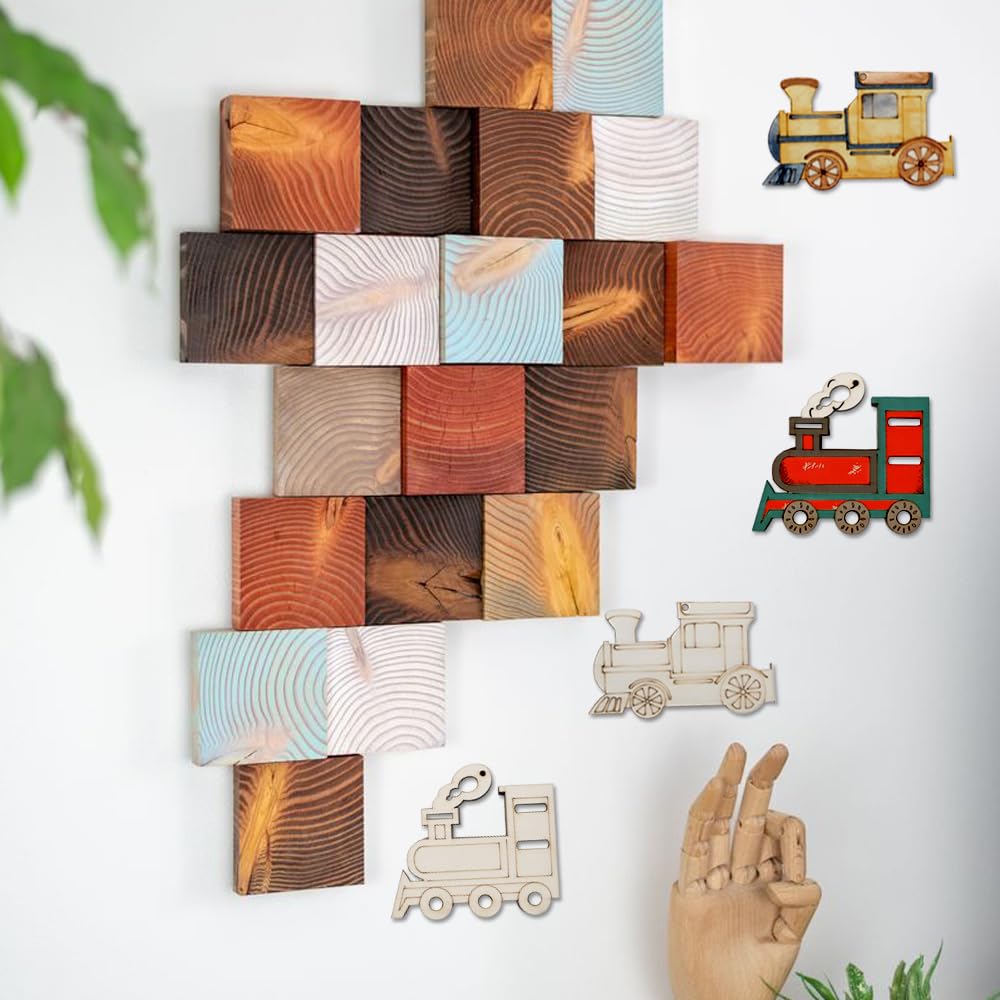 40-Pack 4 Inch Unfinished Wood Train Cutout for Crafts, Paintable Train Shape Wooden Slices Predrilled DIY Train Ornaments for Birthday Decoration Holiday Party Hanging Decor