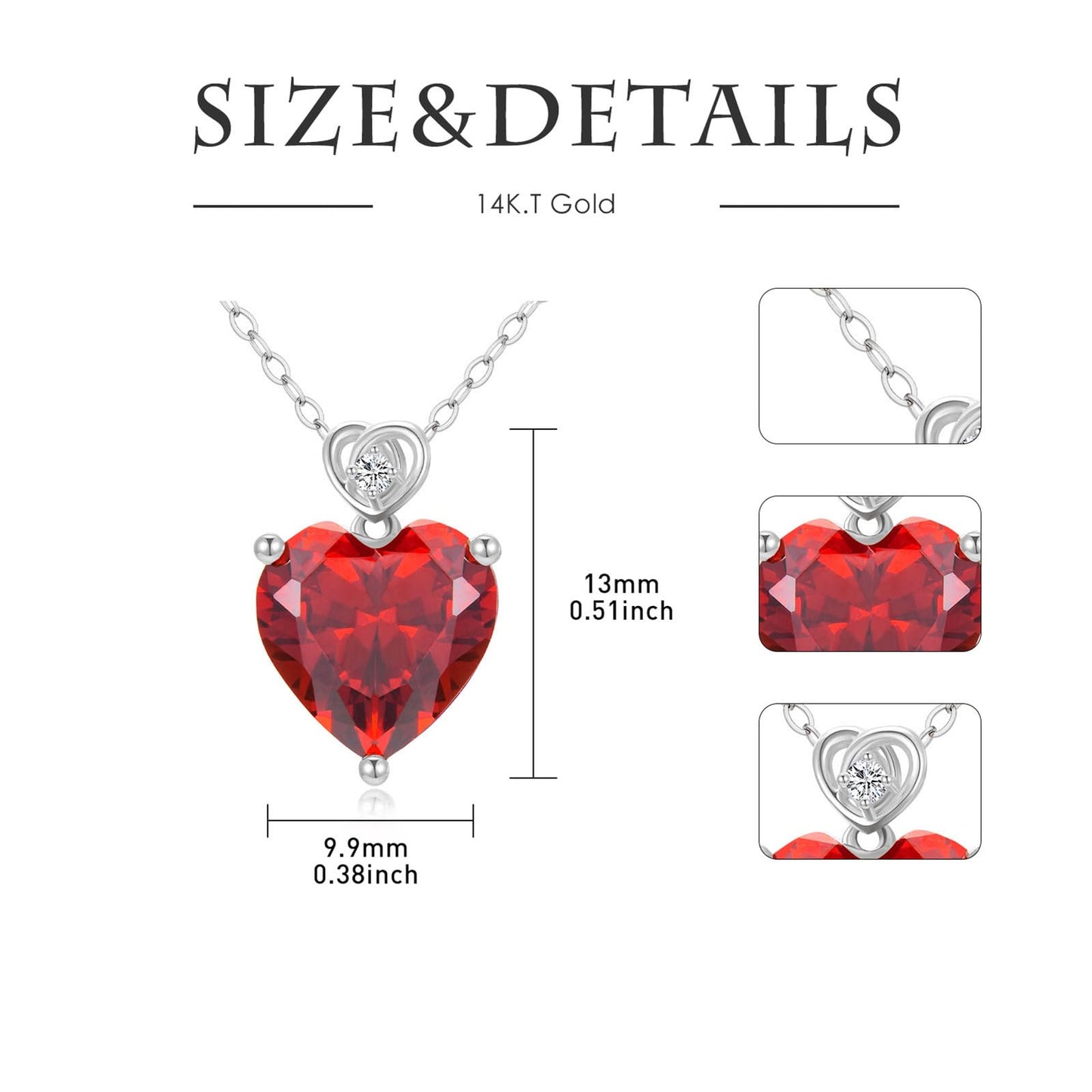 NFYBD 14k White Gold Love Heart Garnet Birthstone Pendant Necklace for Women 3 Carat Heart-cut Created Gemstone Anniversary Birthday Mother's Day Necklaces for Her-jan