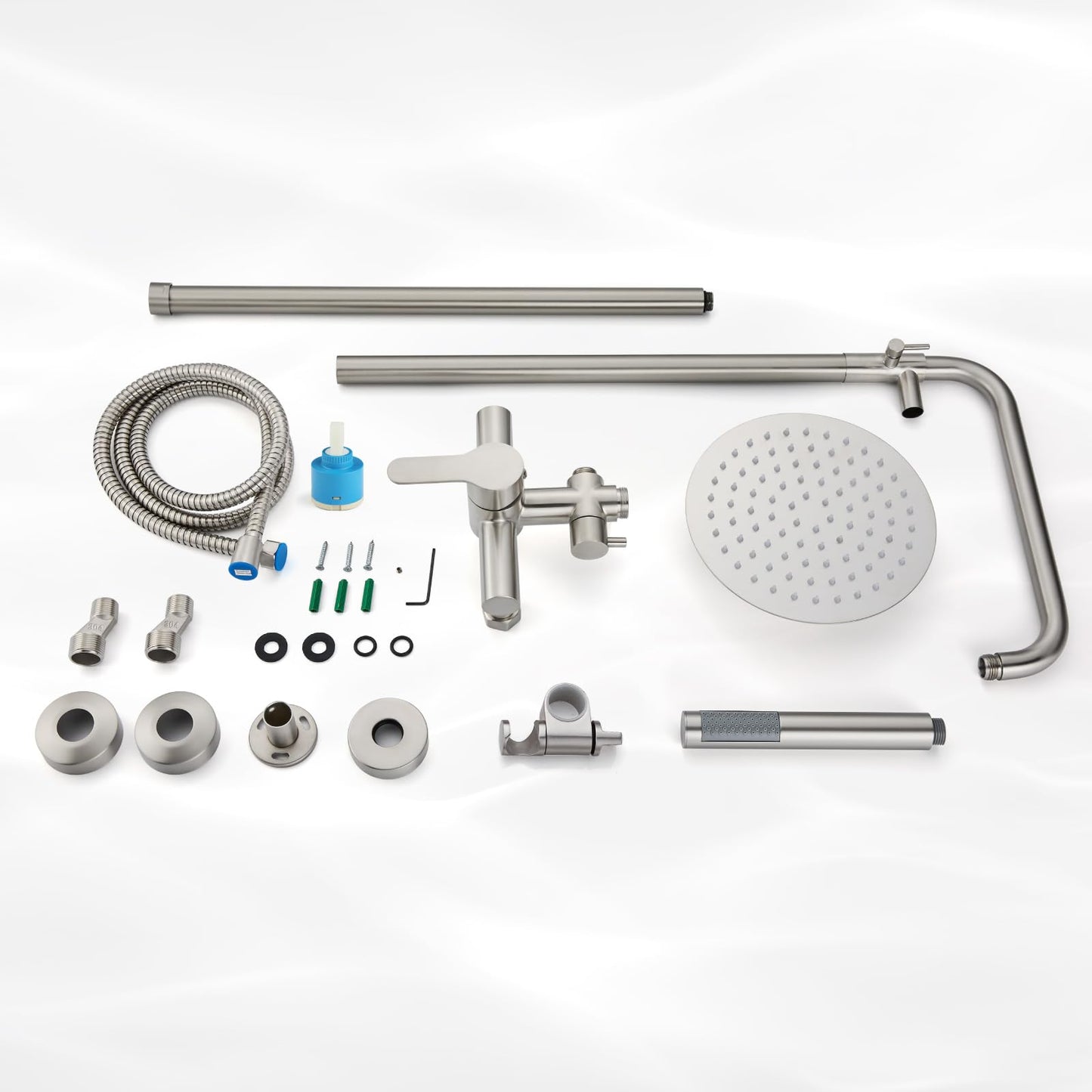 gotonovo Outdoor Shower Fixtures SUS304 Stainless Steel Rain Shower Kit Faucet High Pressure Wall Mount 2 Dual Function 8 Inch Showerhead and Handheld Spray Combo, Single Handle, Brushed Nickel