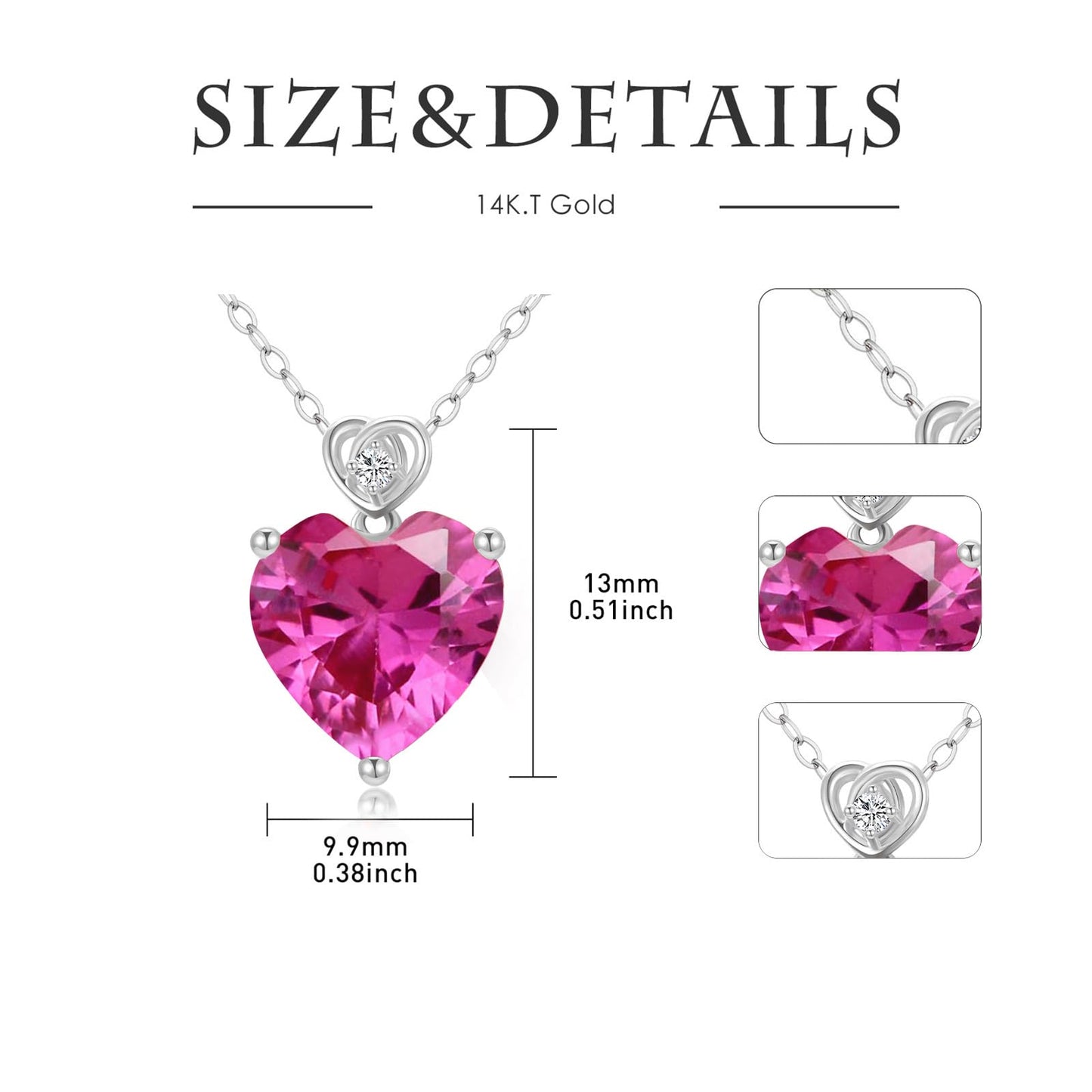 NFYBD 14k White Gold Love Heart Tourmaline Birthstone Pendant Necklace for Women 3 Carat Heart-cut Created Gemstone Anniversary Birthday Mother's Day Necklaces for Her-oct