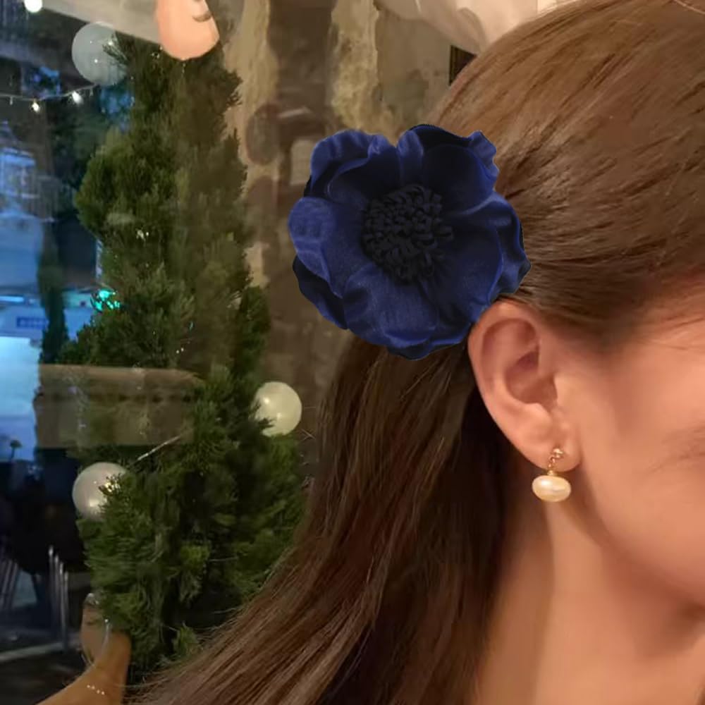 Elegant Large Cloth Flower Brooches Big Camellia Flower Pin for Women Dainty Cloth Fabric Rose Brooches Dress Skirt Scarf Hat Pins Clothing Decoration Accessories (Navy Blue)