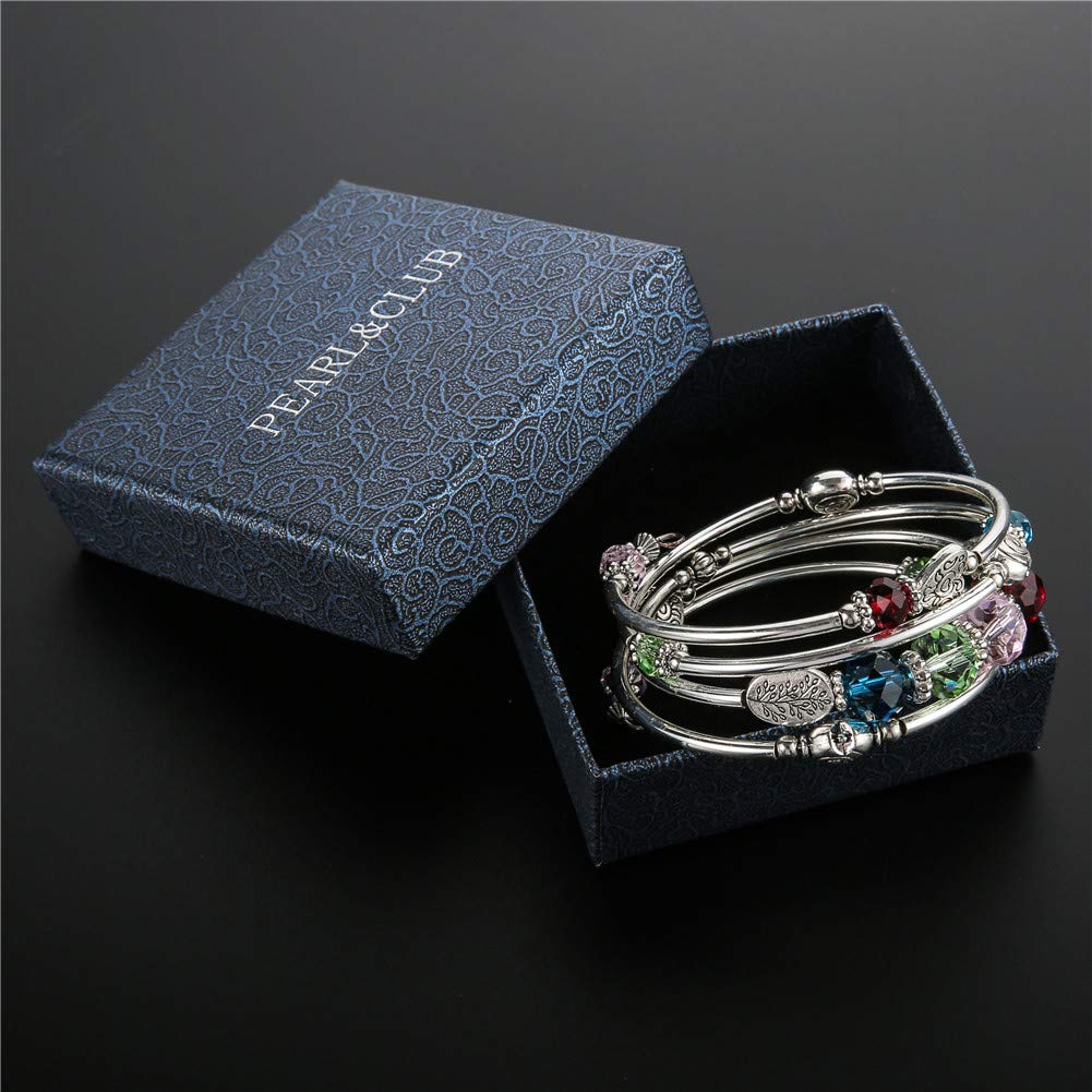 PEARL&CLUB Bead Crystal Wrap Bangle Bracelet - Fashion Jewelry Beaded Bracelet with Silver Metal, Gifts for Women(23-Colorful)