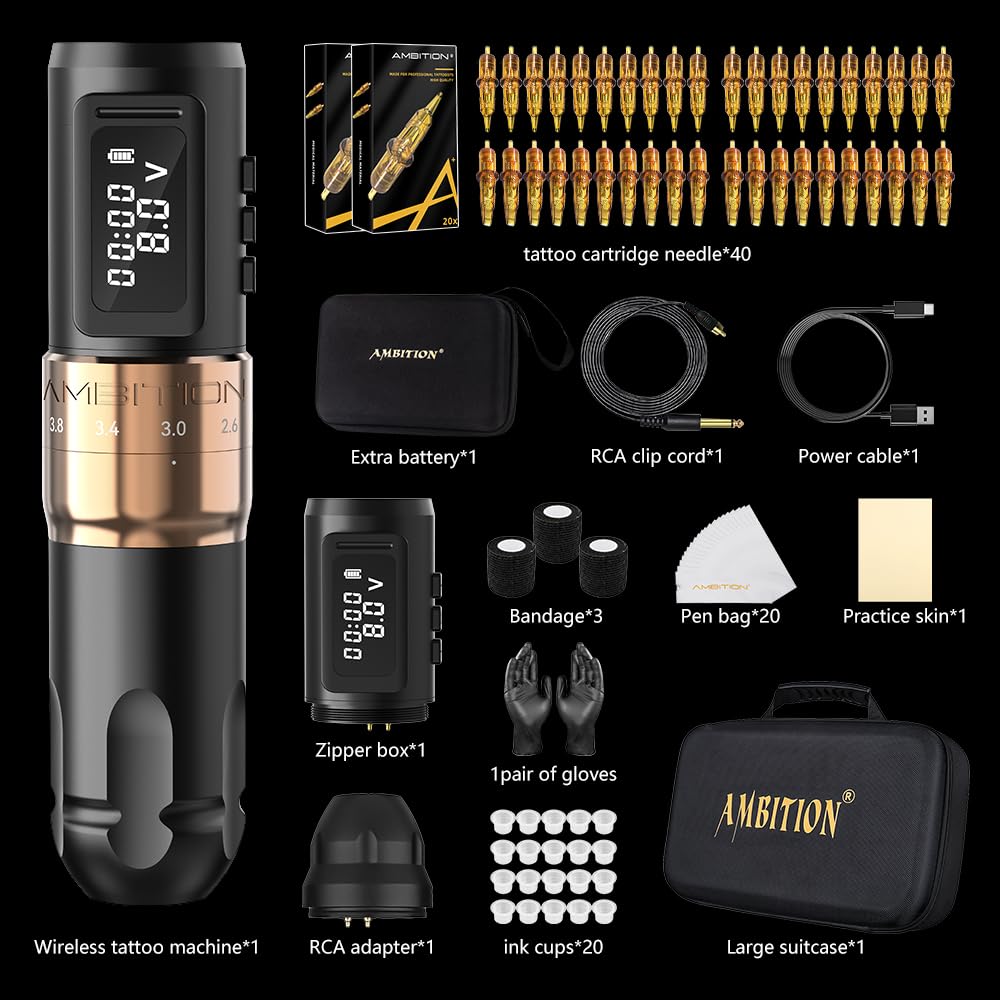 Tattoo Kit - Ambition Mars-U Wireless Tattoo Machine Kit with Adjustable Stroke 1800mAh Power Tattoo Gun Kit with 40pcs Tattoo Cartridges Needles Gloves Bandage Practice Skin for Tattoo Artists