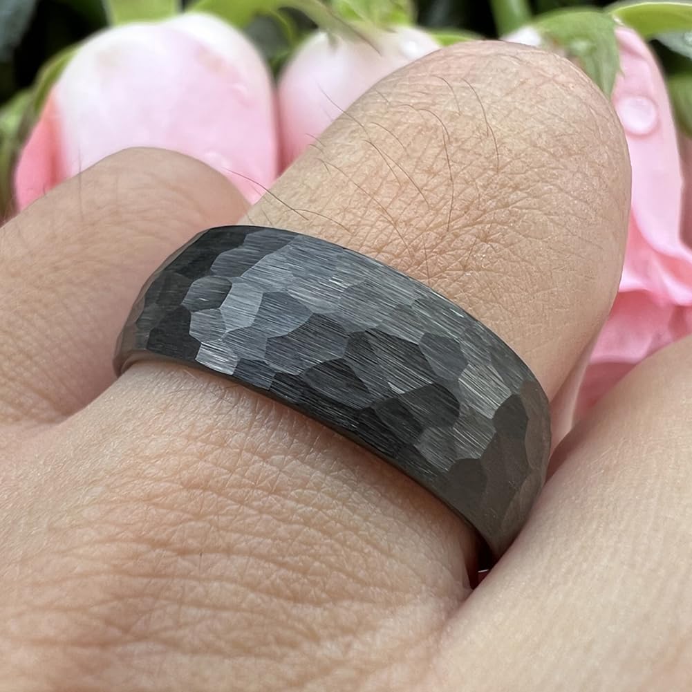 TUTISS 8mm Black Hammered Tungsten Rings for Men Women Fashion Engagement Wedding Bands Domed Matte Finish Comfort Fit Size 8