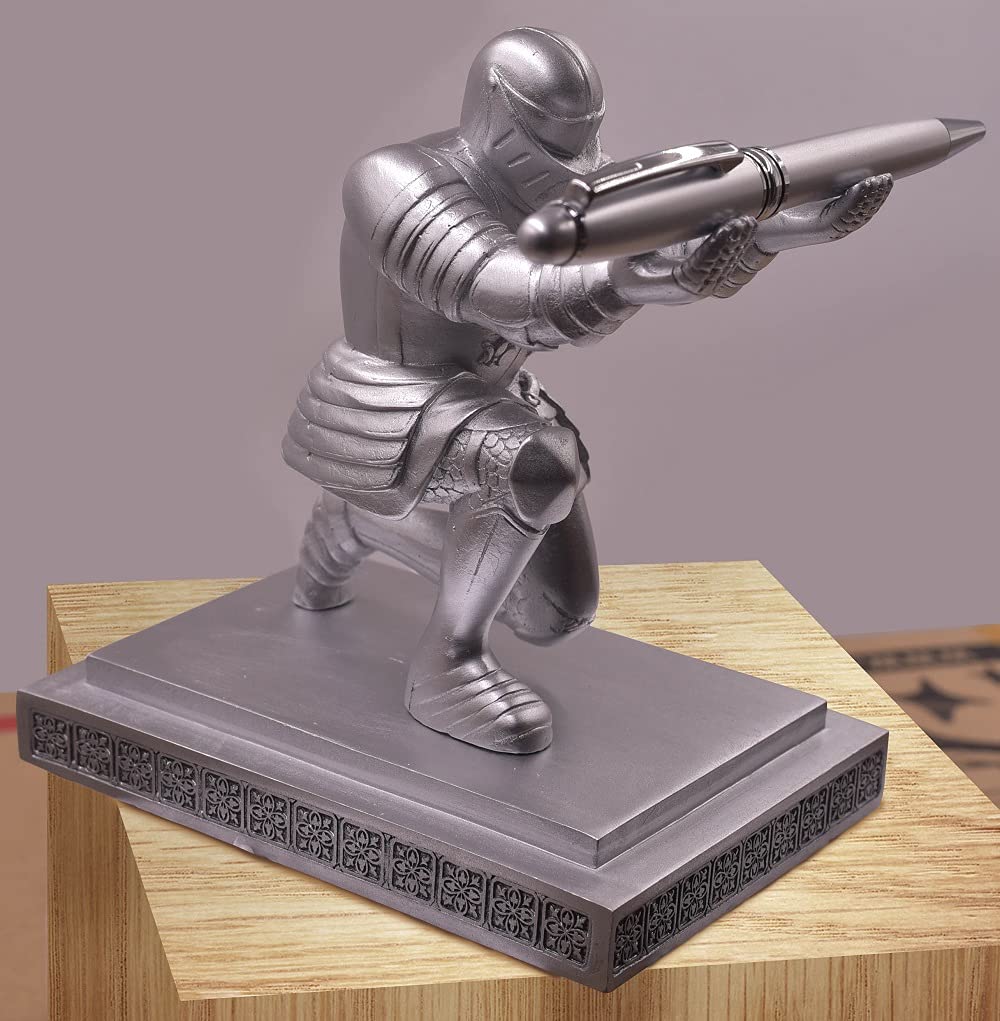Ofiedx Executive Knight Pen Holder with A Cool Pen, Home Office Desk Organizers Decor Resin Pen Holder, Christmas Gift Idea for Dad, Uncle, Man, Boyfriend, Friends Silver