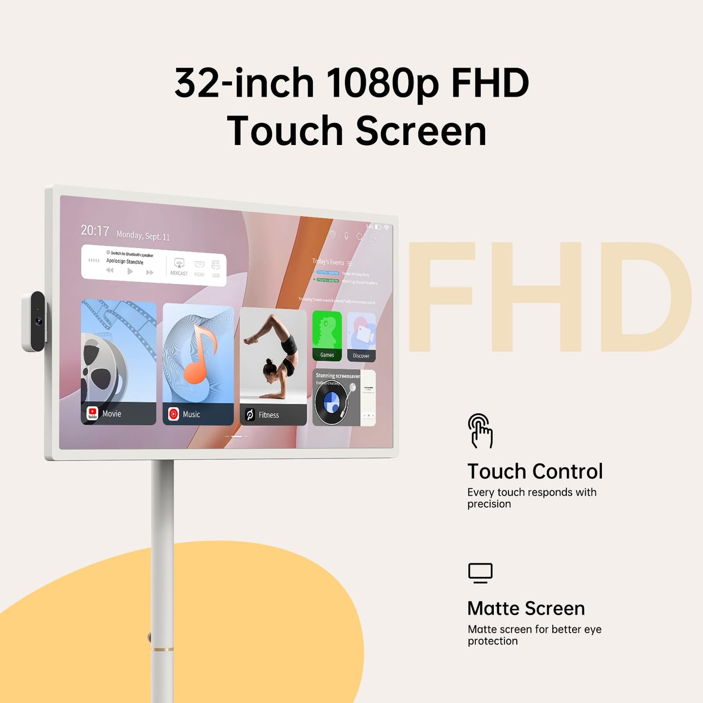 ApoloSign 32 inch FHD Smart Portable TV Gen2, 16G +128G Storage, Android 15 OS, 15000mAh, Rolling TV on Wheels with Rotatable Touch Screen, Built-in Battery, Full Swivel Rotation, Voice Remote