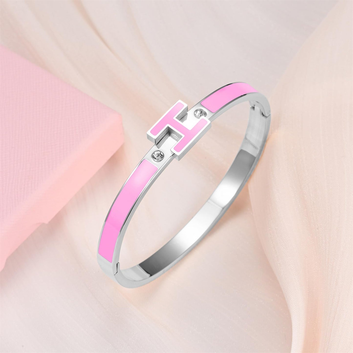 Hothink Gold Bracelets for Women, H Bangle Bracelet, Dainty 18K Gold Plated Stainless Steel Enamel Bracelet for Everyday, Work, Party, Stackable Gift for Mom, Wife, Girlfriend (Silver-Pink)