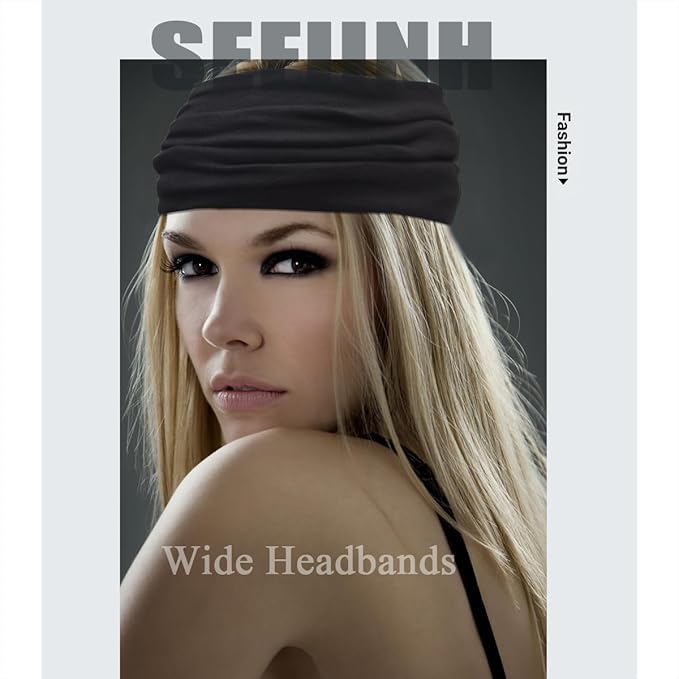 Sefiinh Wide Headbands For Women Stretch Headband Boho Head Bands Women's Hair Band Turban Workout Hairband Accessories Black Gray White 6 Pack